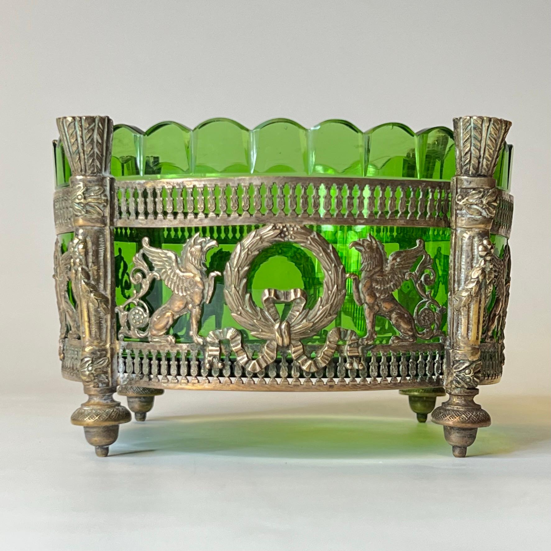19th Century Bronze Mounted Green Glass Bowl in French Empire Style