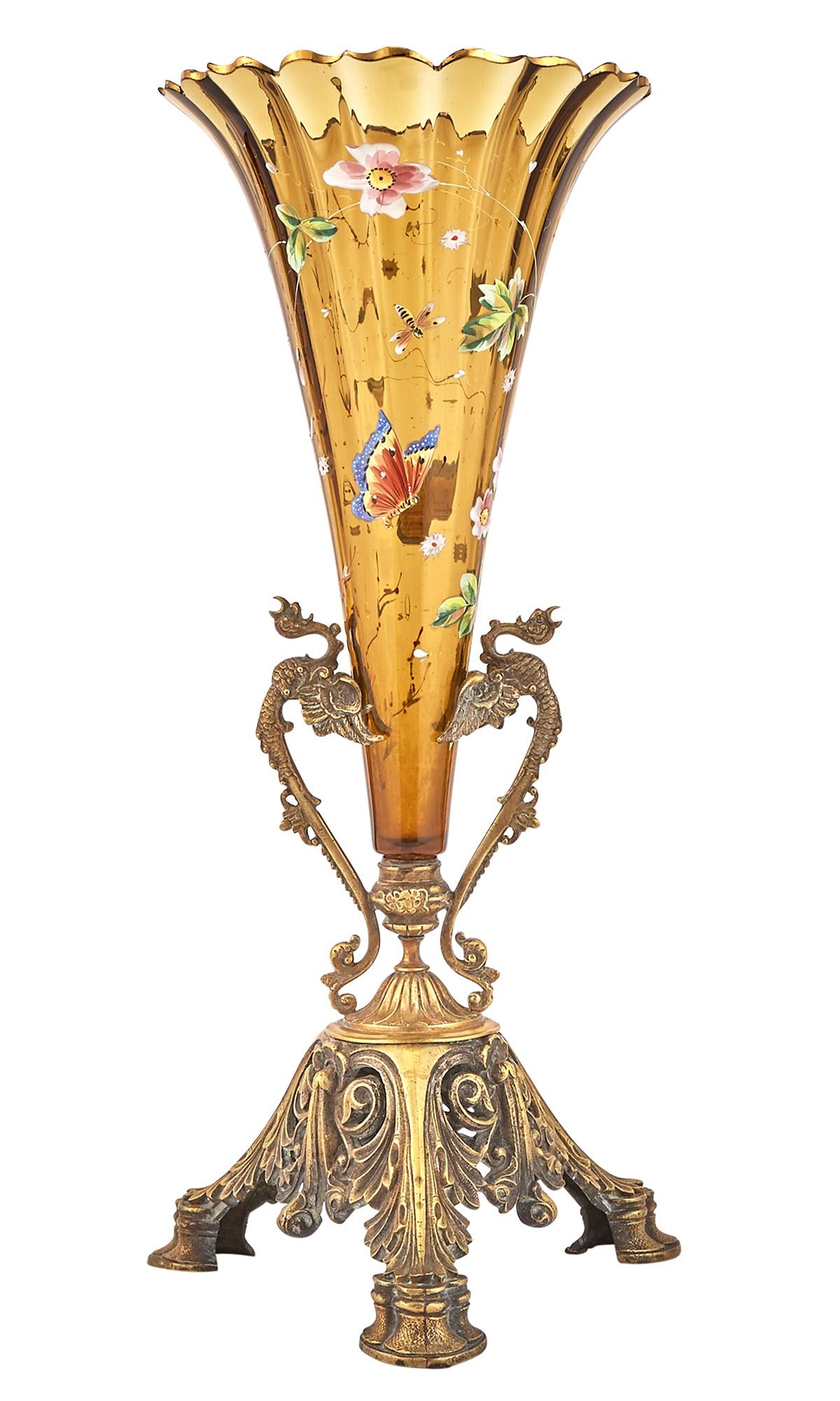Mid-19th Century Bronze Mounted Holder / Enameled Art Glass French Decorative Trumpet Vase  For Sale