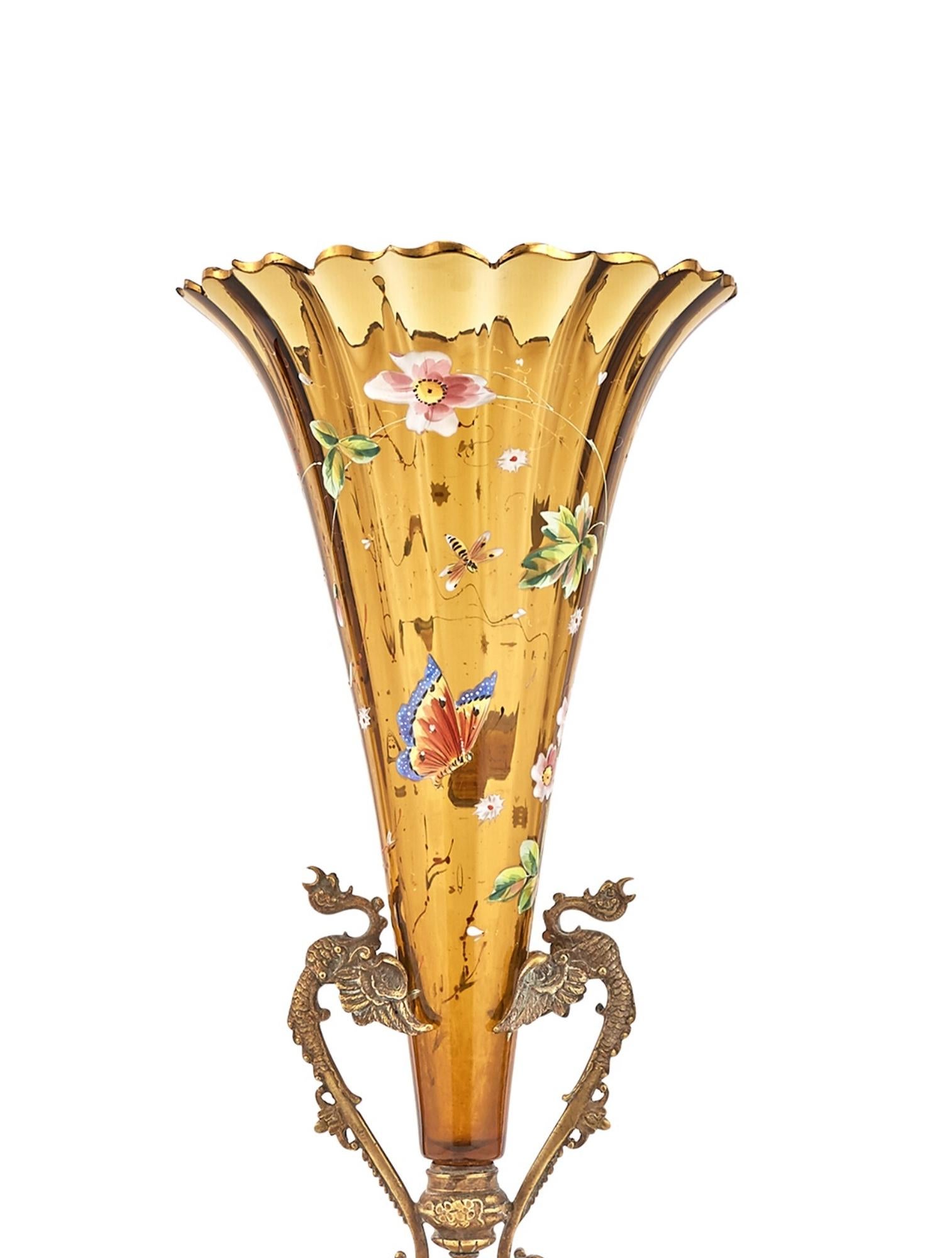 Bronze Mounted Holder / Enameled Art Glass French Decorative Trumpet Vase  For Sale 1