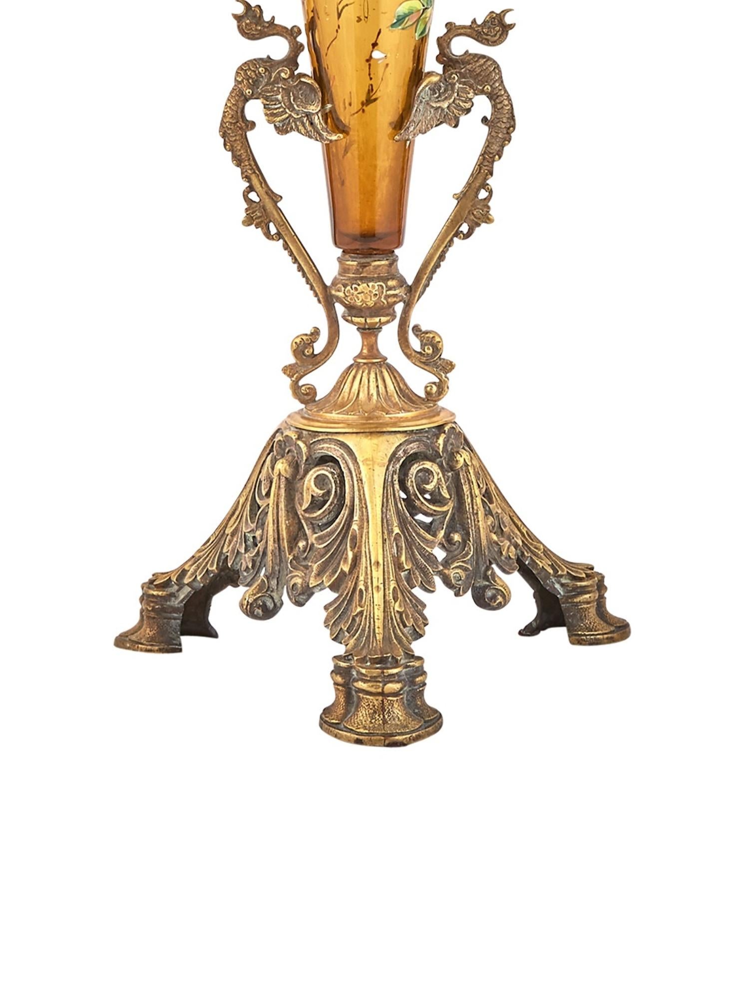 Bronze Mounted Holder / Enameled Art Glass French Decorative Trumpet Vase For Sale 2
