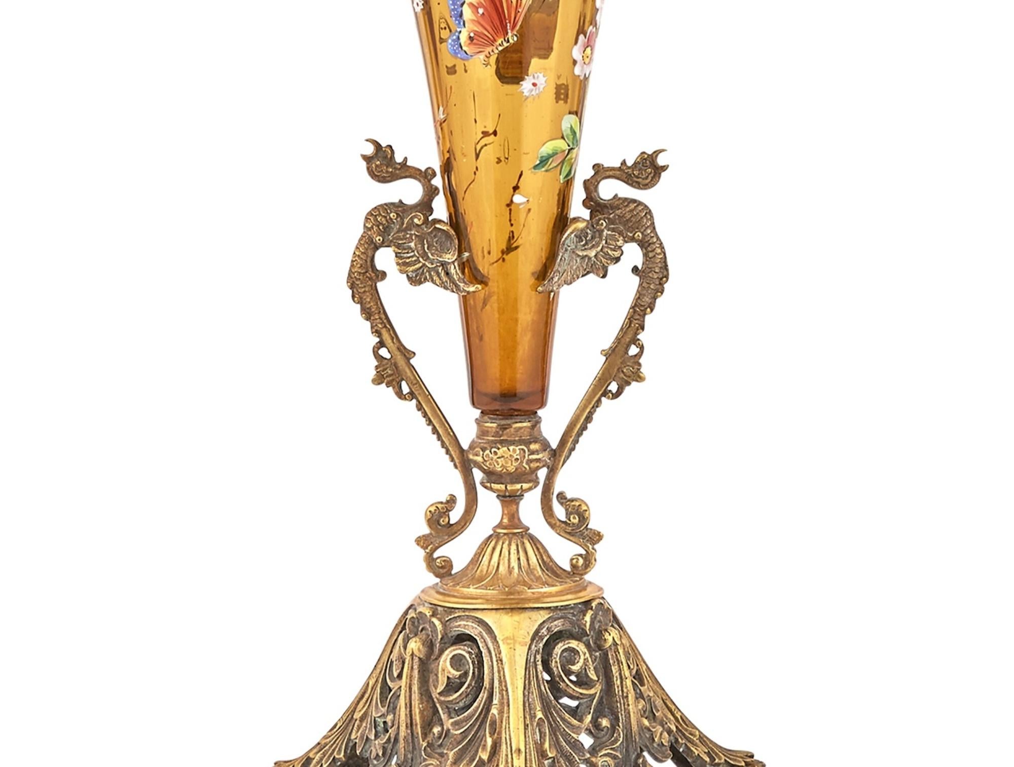 Bronze Mounted Holder / Enameled Art Glass French Decorative Trumpet Vase  For Sale 3