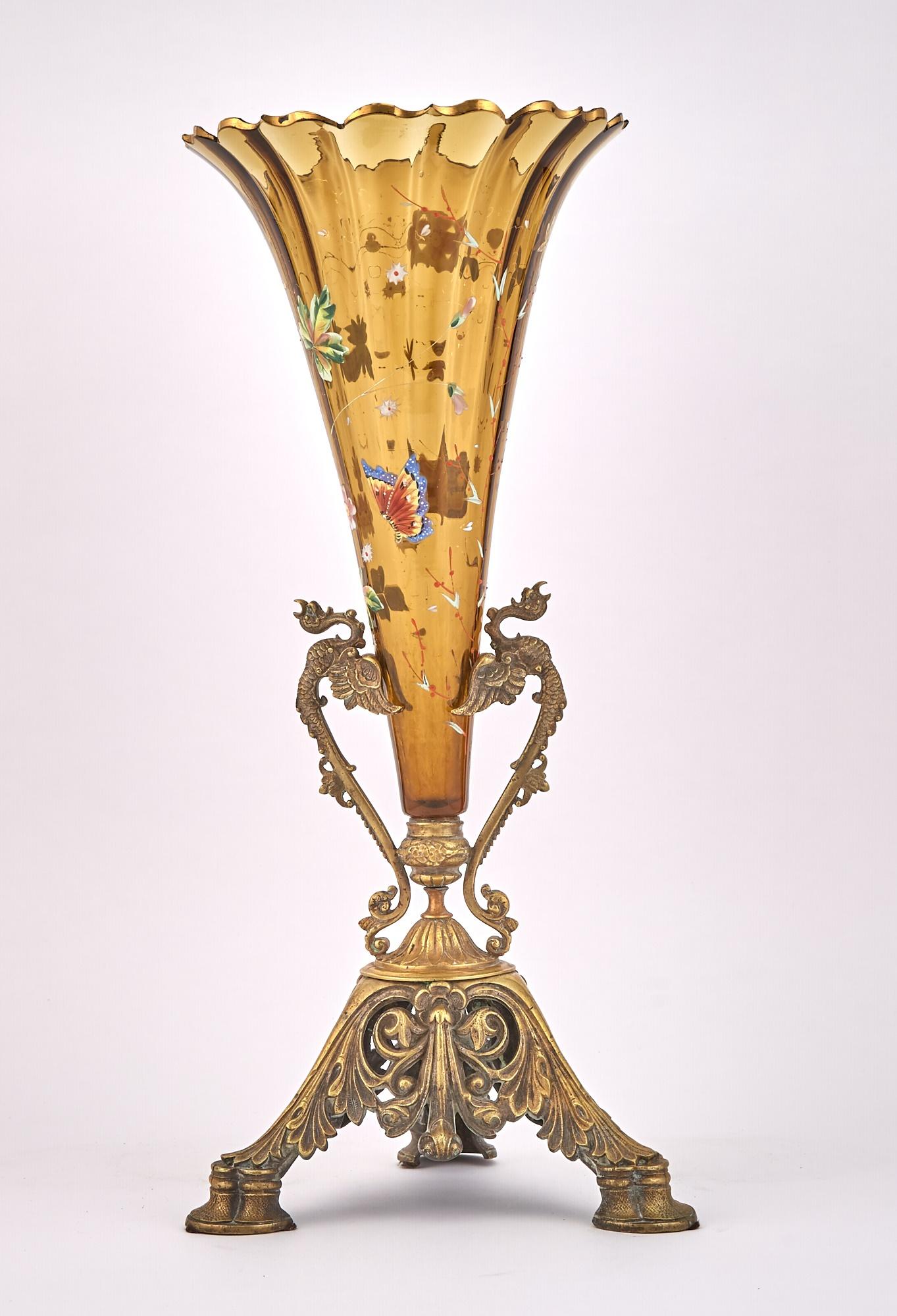 Bronze Mounted Holder / Enameled Art Glass French Decorative Trumpet Vase  For Sale 5