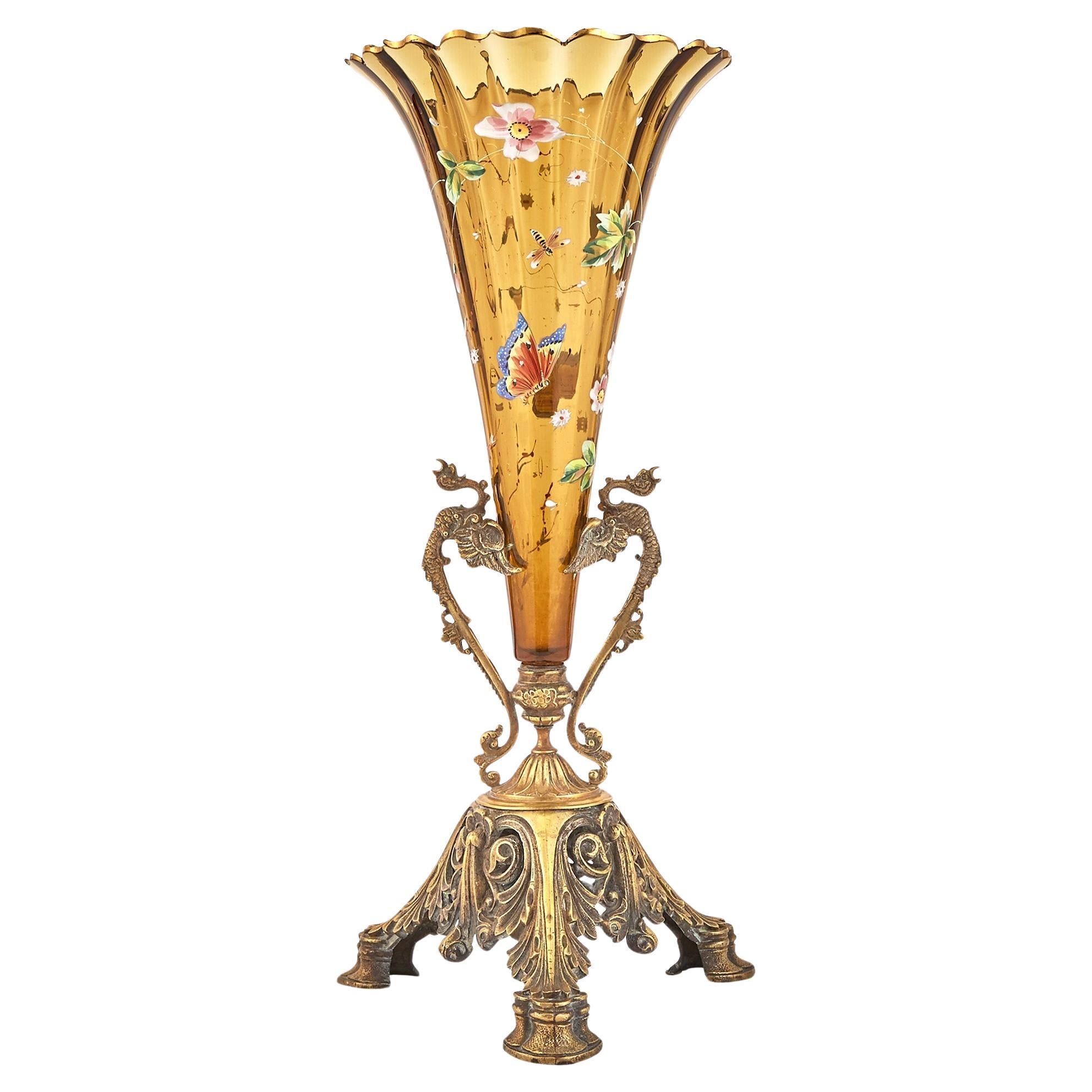 Bronze Mounted Holder / Enameled Art Glass French Decorative Trumpet Vase  For Sale