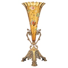 Used Bronze Mounted Holder / Enameled Art Glass French Decorative Trumpet Vase 