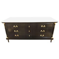 Retro Bronze-Mounted Jansen Style Marble-Top Ebonized Dresser or Sideboard