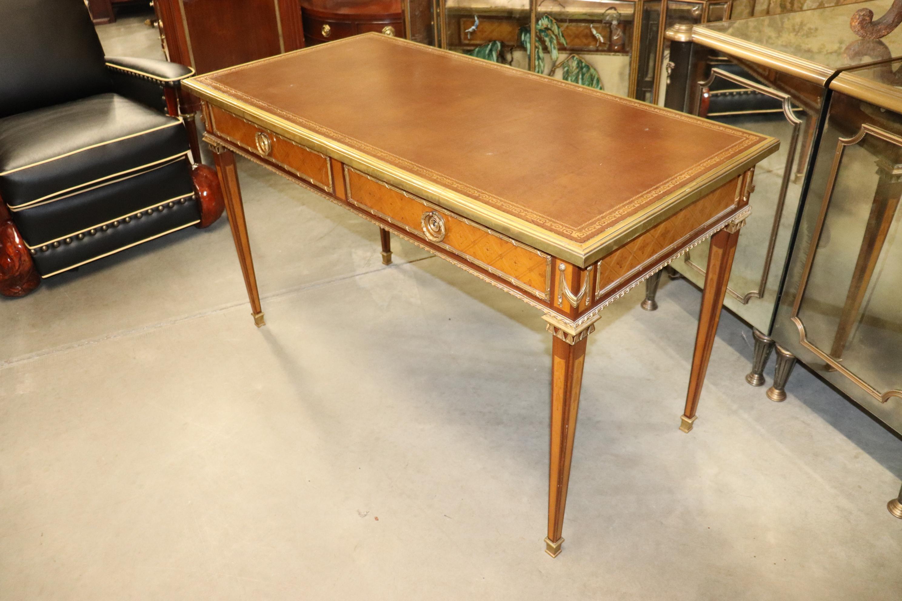 Mid-20th Century Bronze Mounted Leather Top Inlaid Kingwood Directoire Bureau Plat Writing Desk