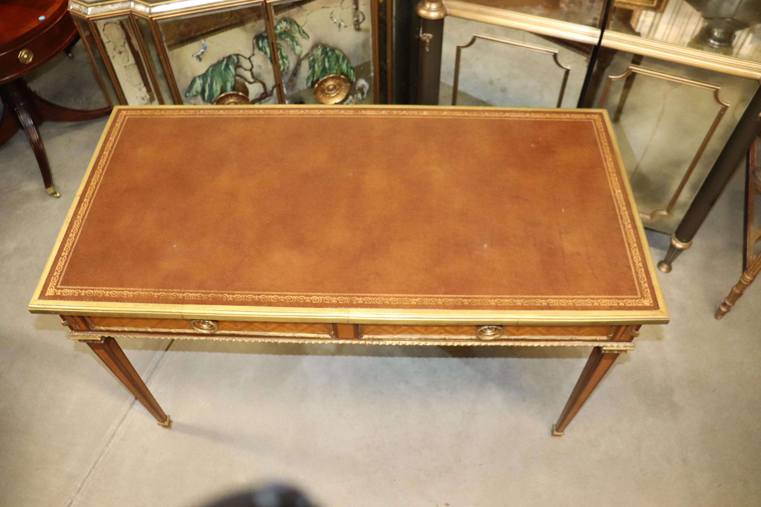 Brass Bronze Mounted Leather Top Inlaid Kingwood Directoire Bureau Plat Writing Desk