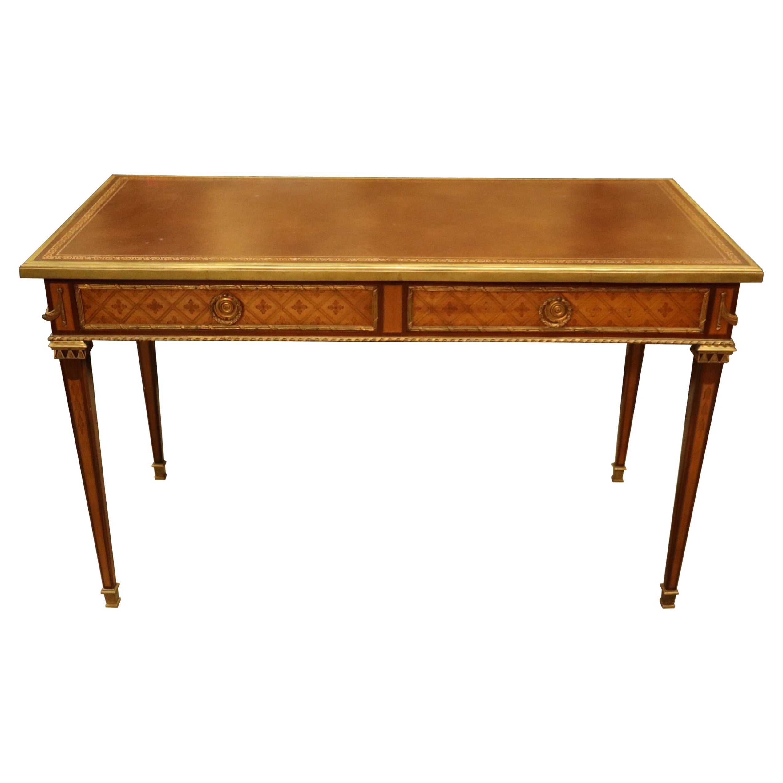 Bronze Mounted Leather Top Inlaid Kingwood Directoire Bureau Plat Writing Desk