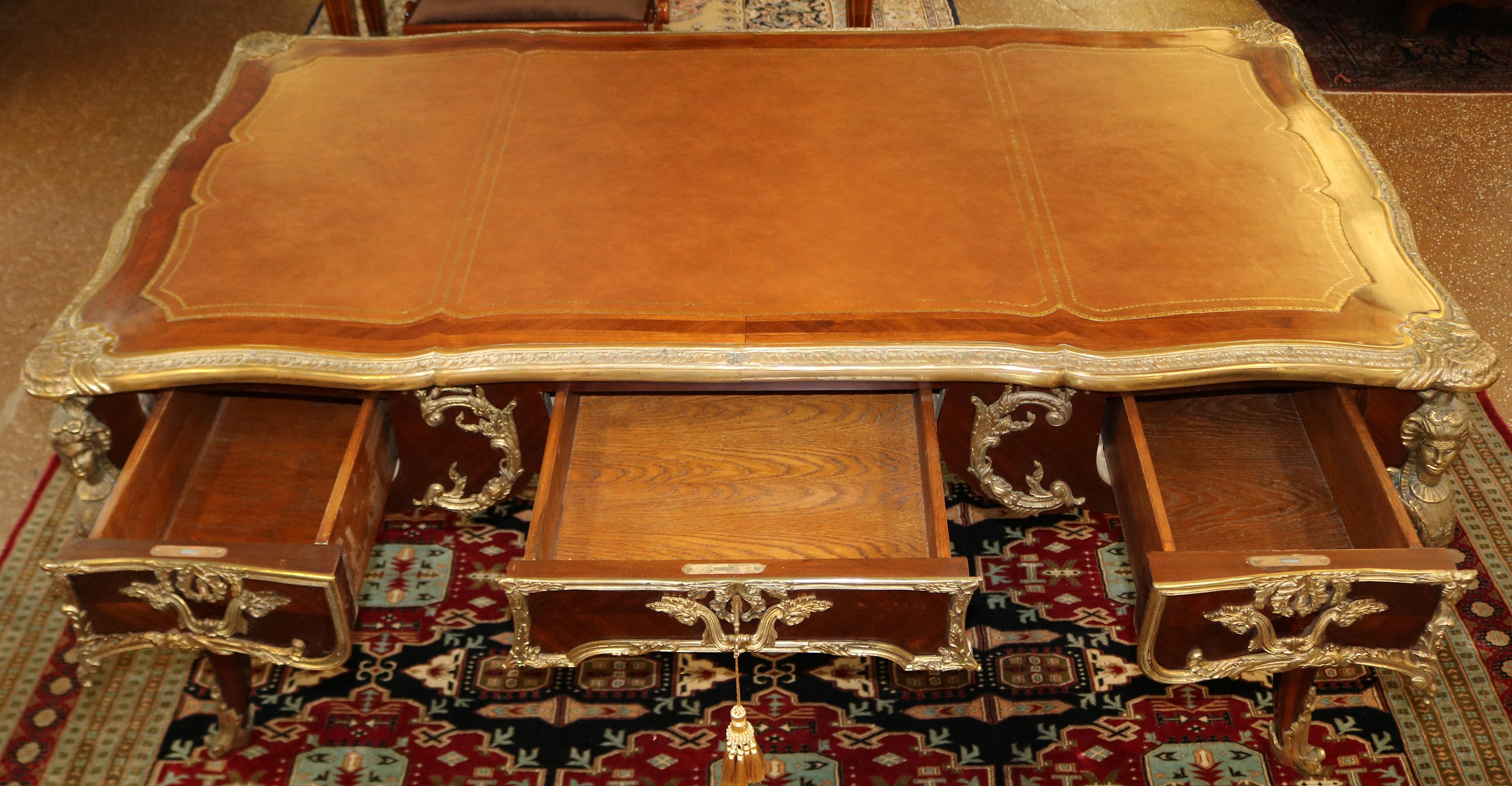20th Century Bronze Mounted Louis XV French Style Kingwood Writing Desk Bureau Plat For Sale