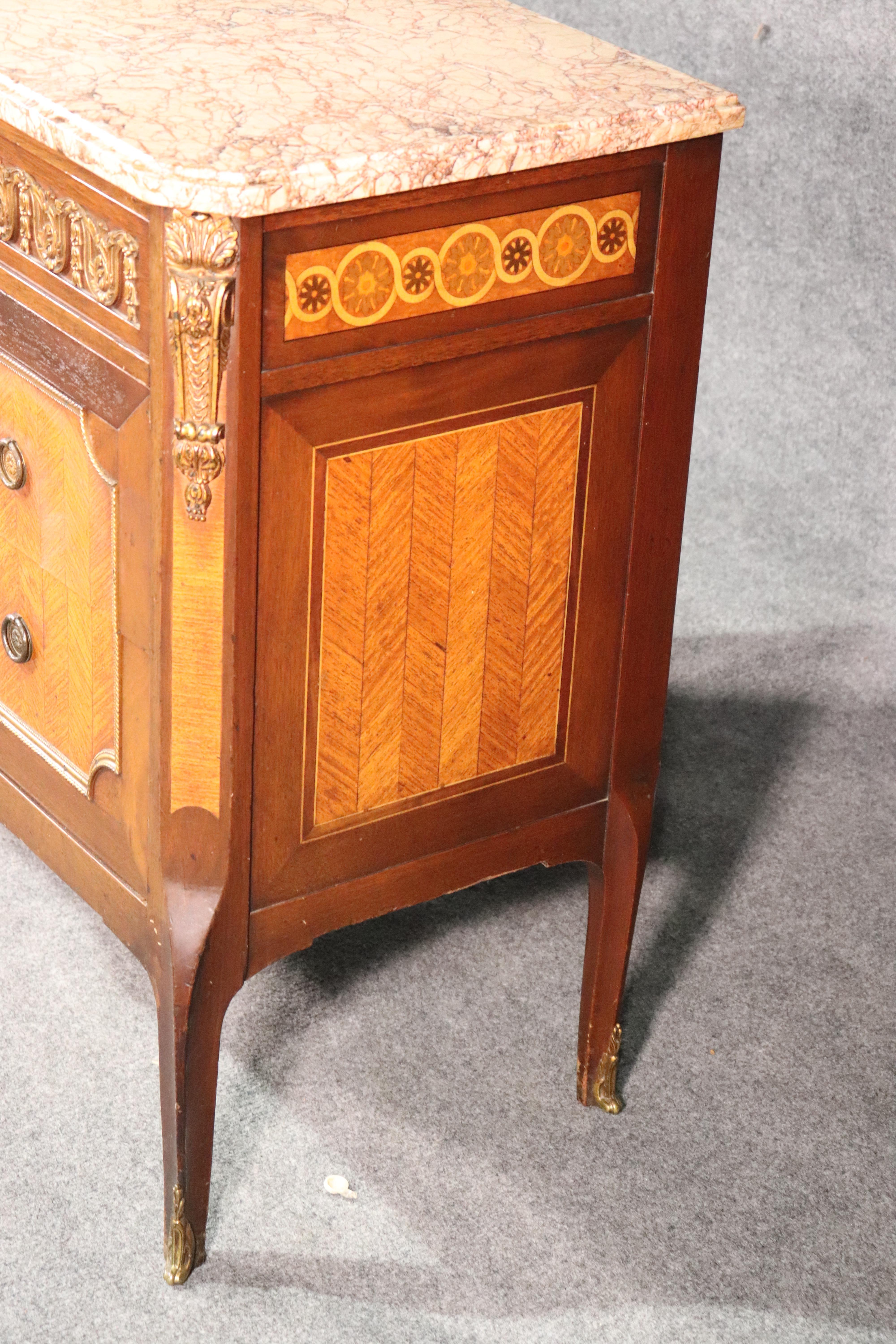 Bronze Mounted Marble-Top French Satinwood Walnut Louis XV Commode Cabinet In Good Condition In Swedesboro, NJ
