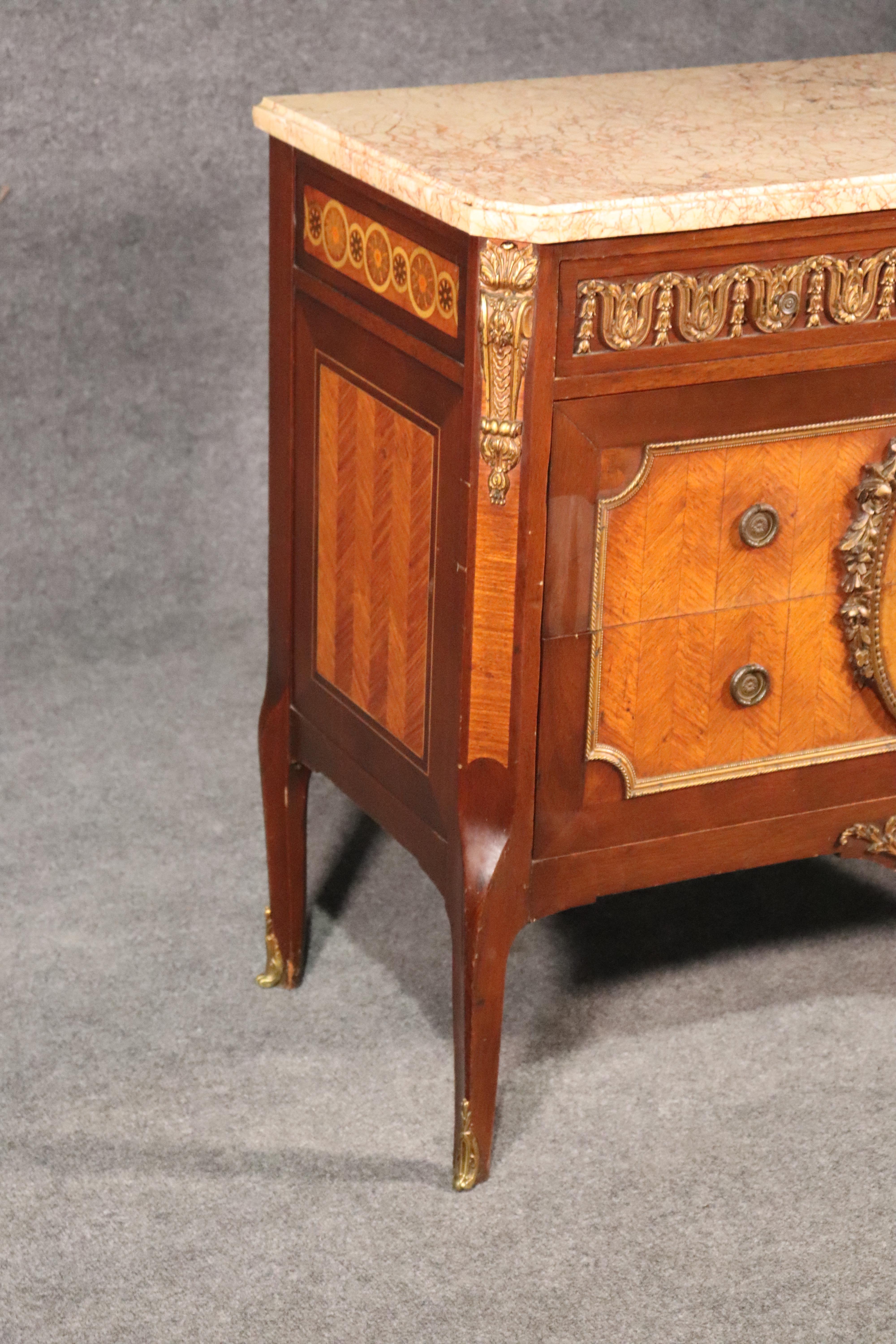 Early 20th Century Bronze Mounted Marble-Top French Satinwood Walnut Louis XV Commode Cabinet