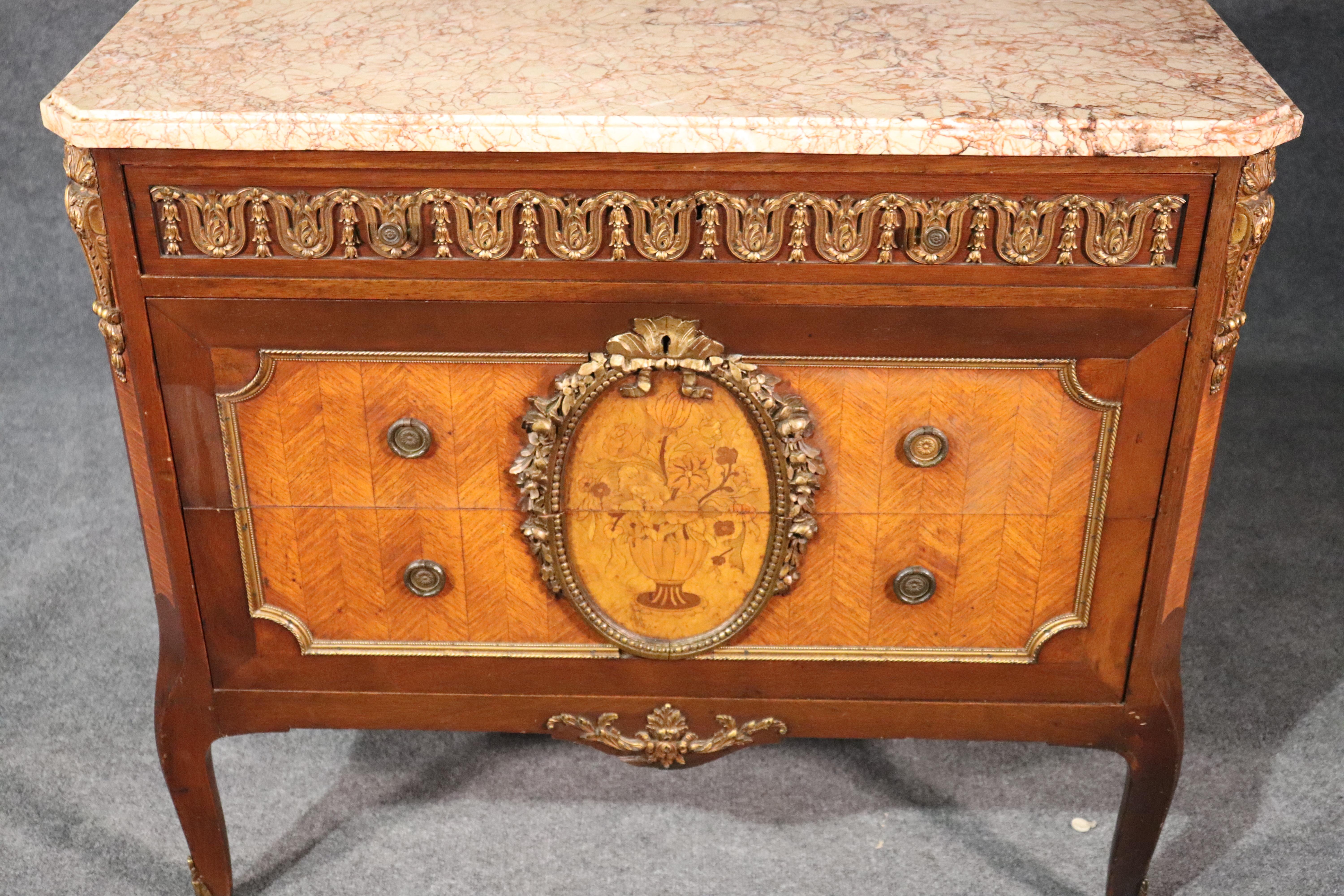 Bronze Mounted Marble-Top French Satinwood Walnut Louis XV Commode Cabinet 1