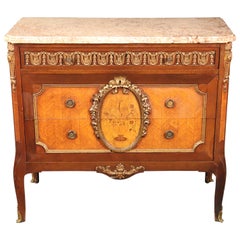Bronze Mounted Marble-Top French Satinwood Walnut Louis XV Commode Cabinet