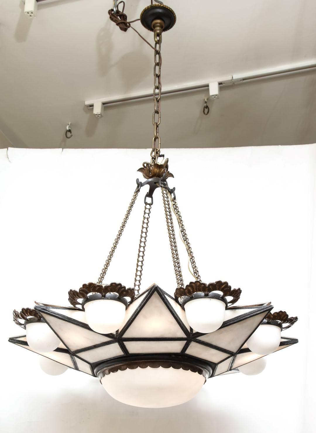 A bronze-mounted Moorish style ceiling fixture
Documented E.F Caldwell & Co, New York
Quantity of three available.

Drop as shown- 25