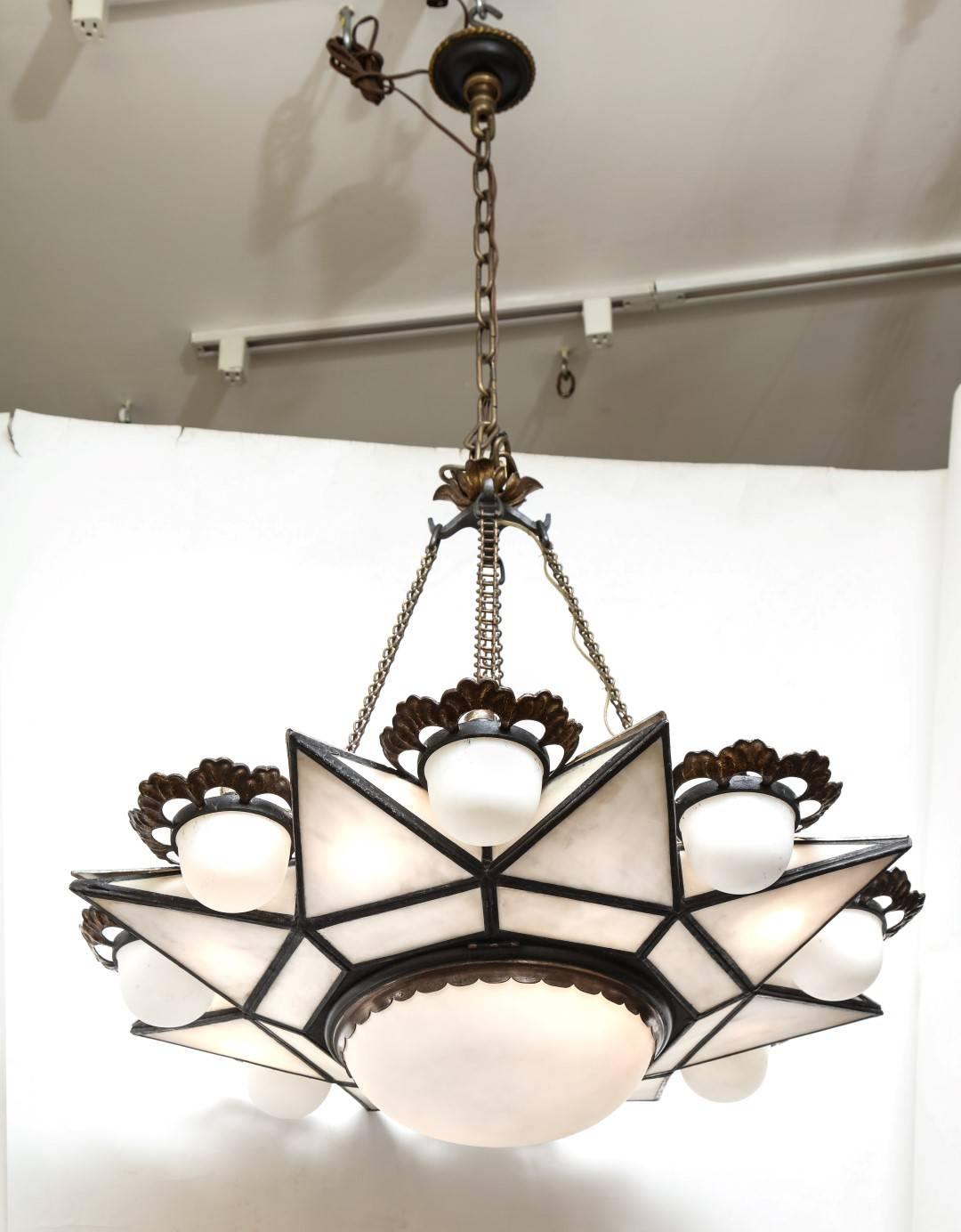 Early 20th Century Bronze-Mounted Moorish Style Ceiling Fixture by E.F. Caldwell