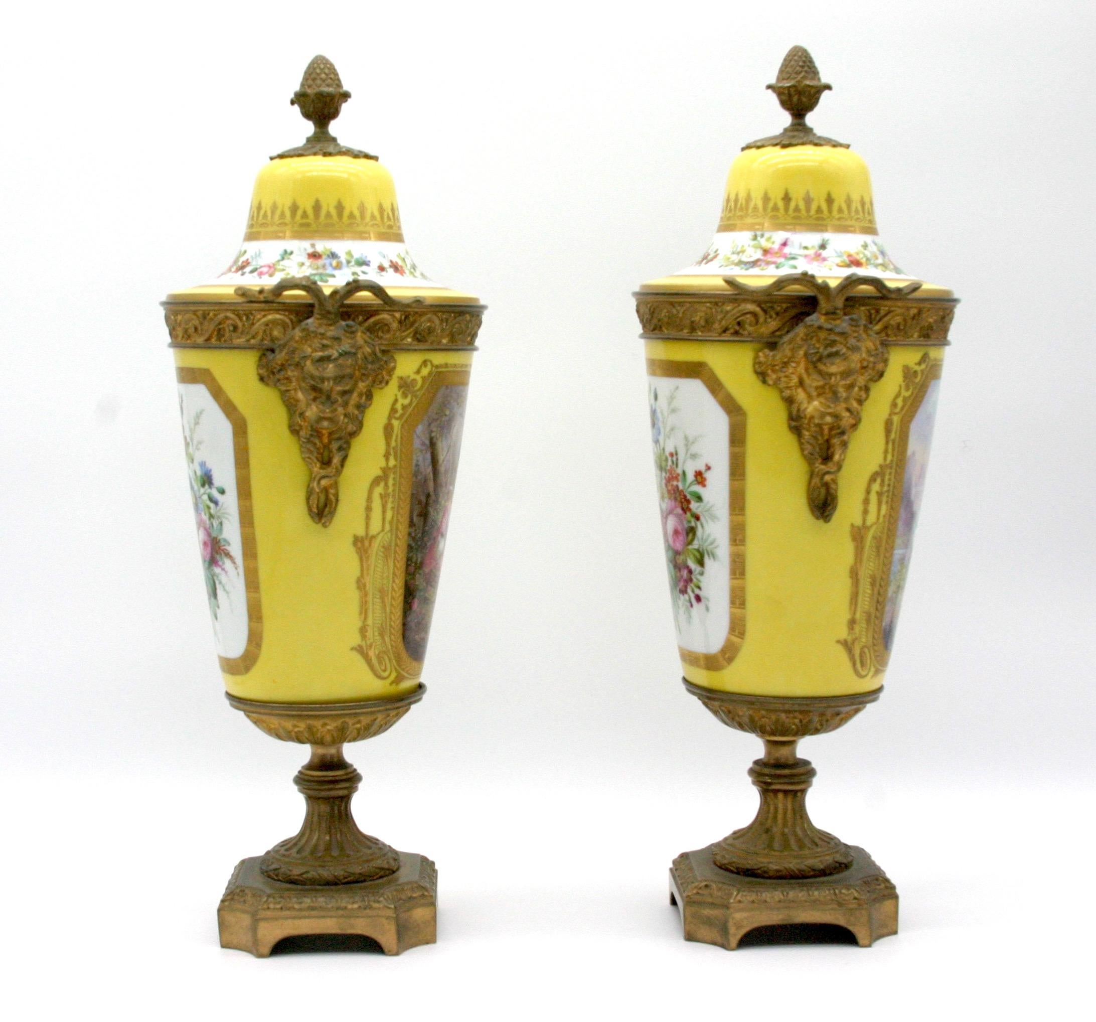 French Bronze Mounted Porcelain Pair Covered Urns For Sale
