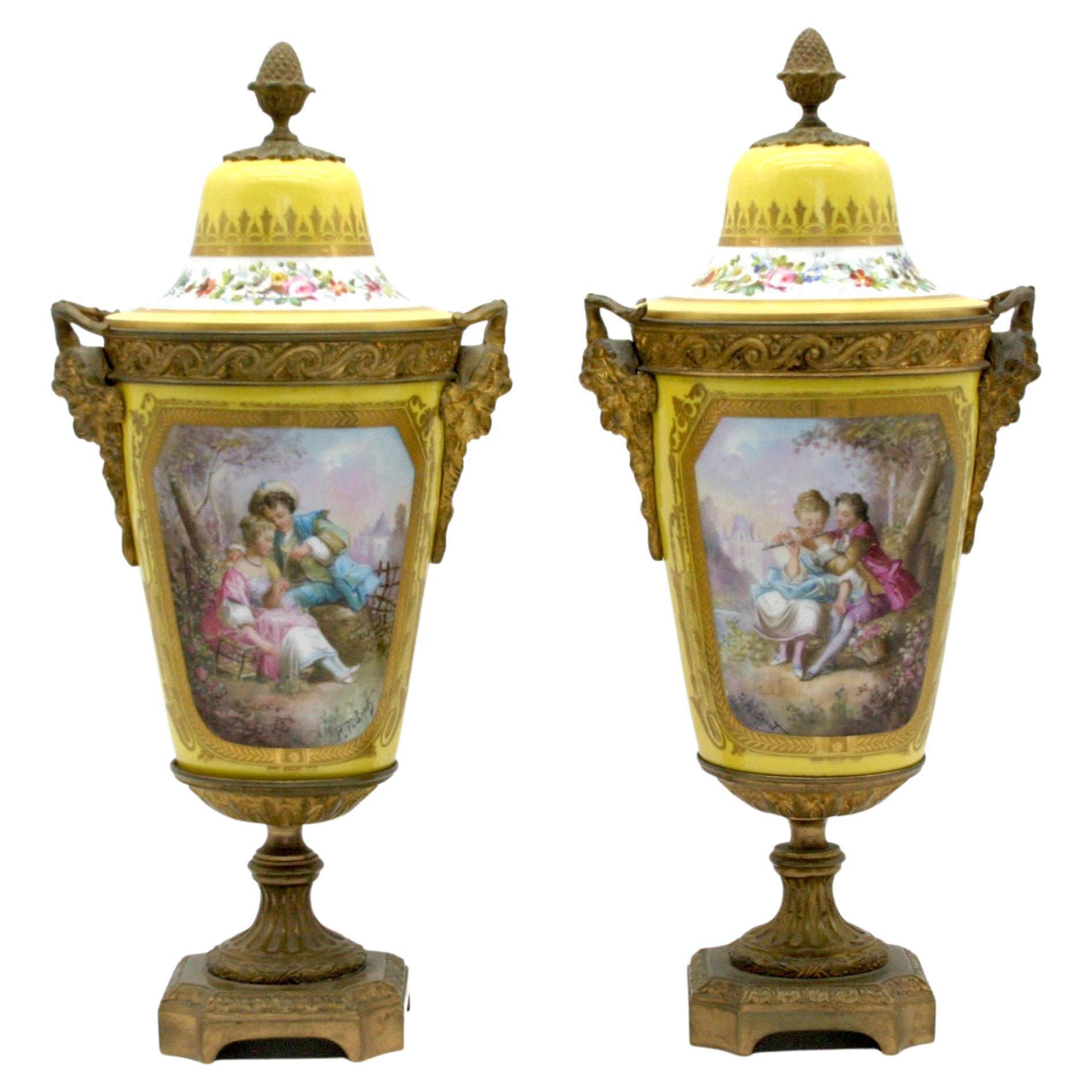 Bronze Mounted Porcelain Pair Covered Urns