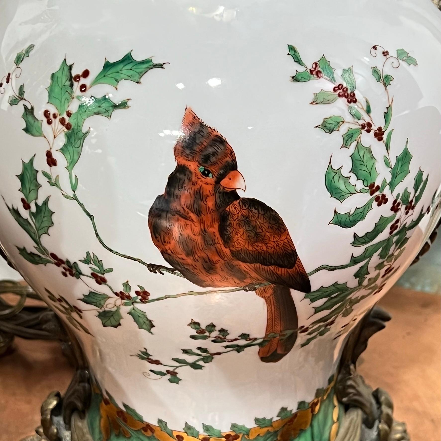 20th Century Bronze Mounted Porcelain Table Lamp in Louis XV Style with Cardinal Bird For Sale