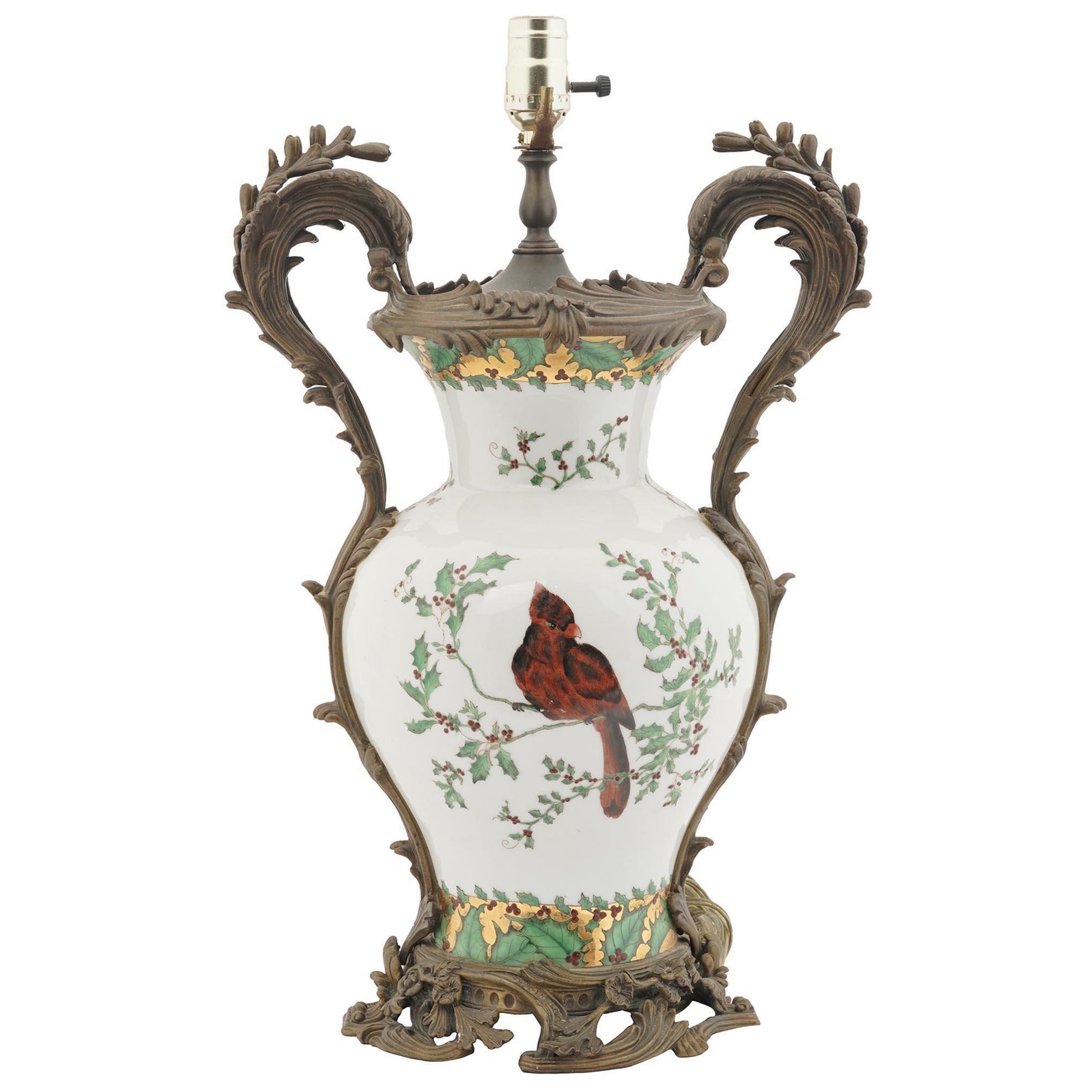 Lámpara de Sobremesa de Porcelana Montada en Bronce Estilo Luis XV con Pájaro Cardenal