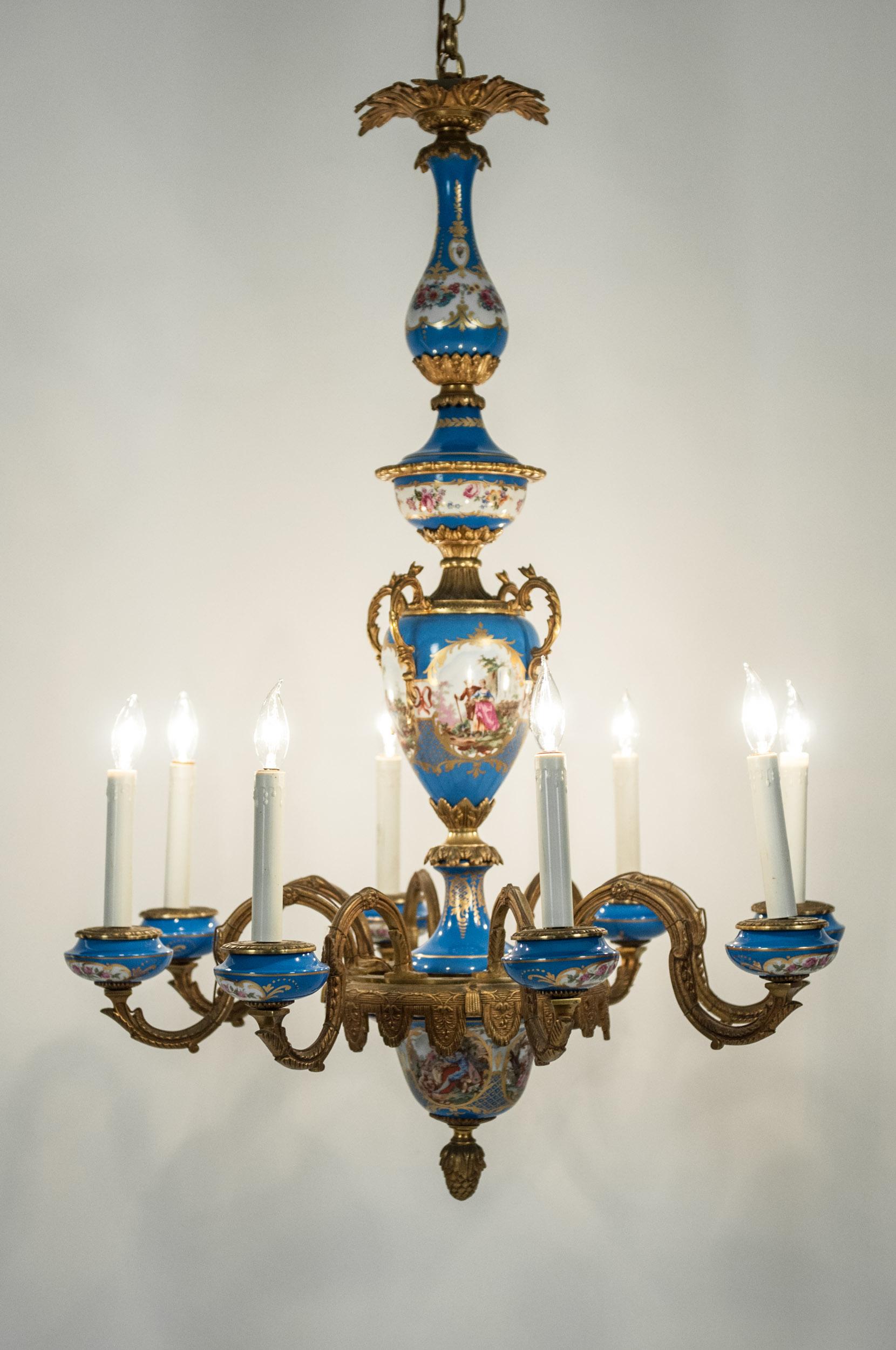 French Bronze Mounted / Sevres Porcelain Seven Arm Chandelier 