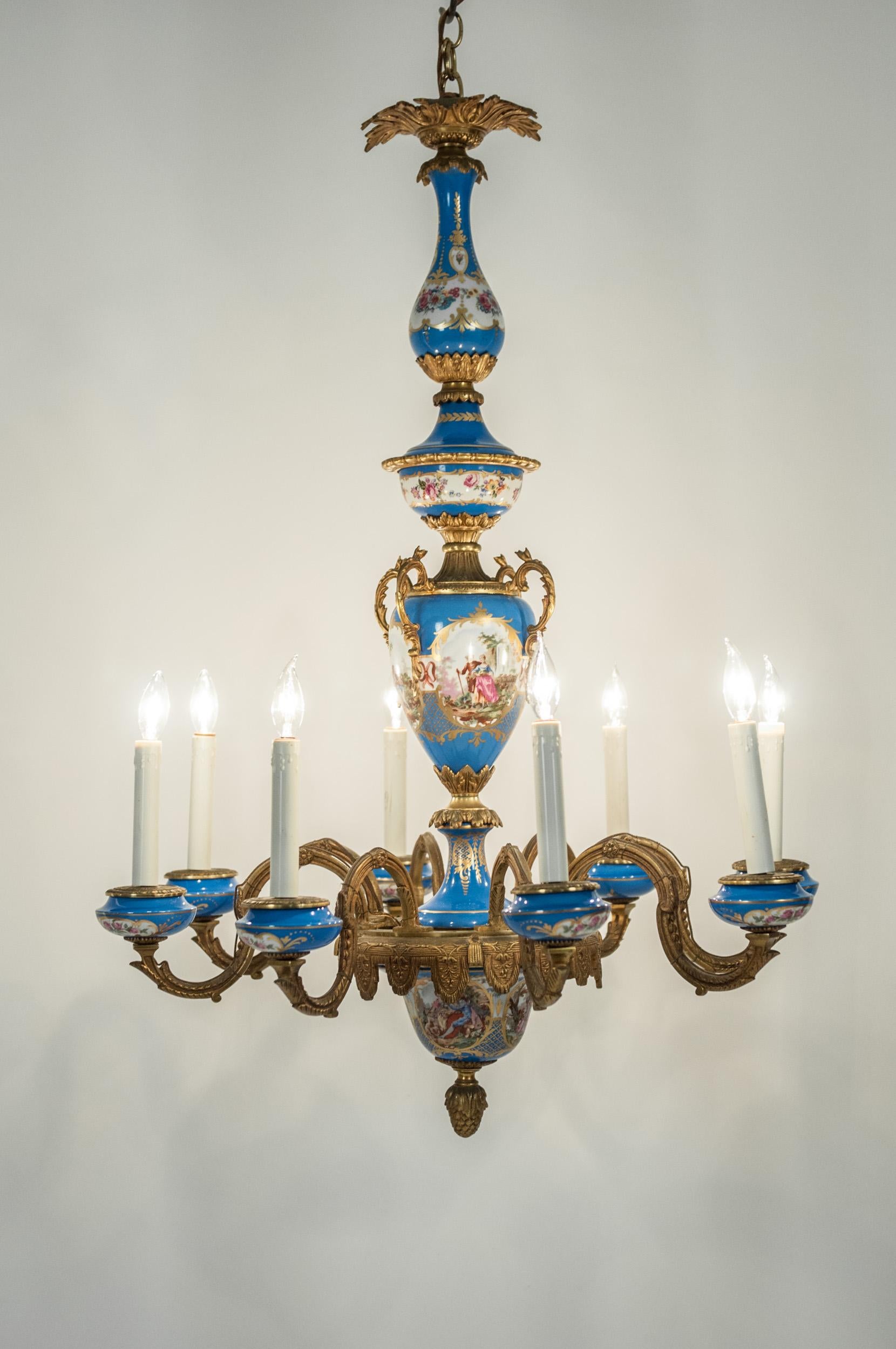 Bronze Mounted / Sevres Porcelain Seven Arm Chandelier  In Good Condition In Tarry Town, NY