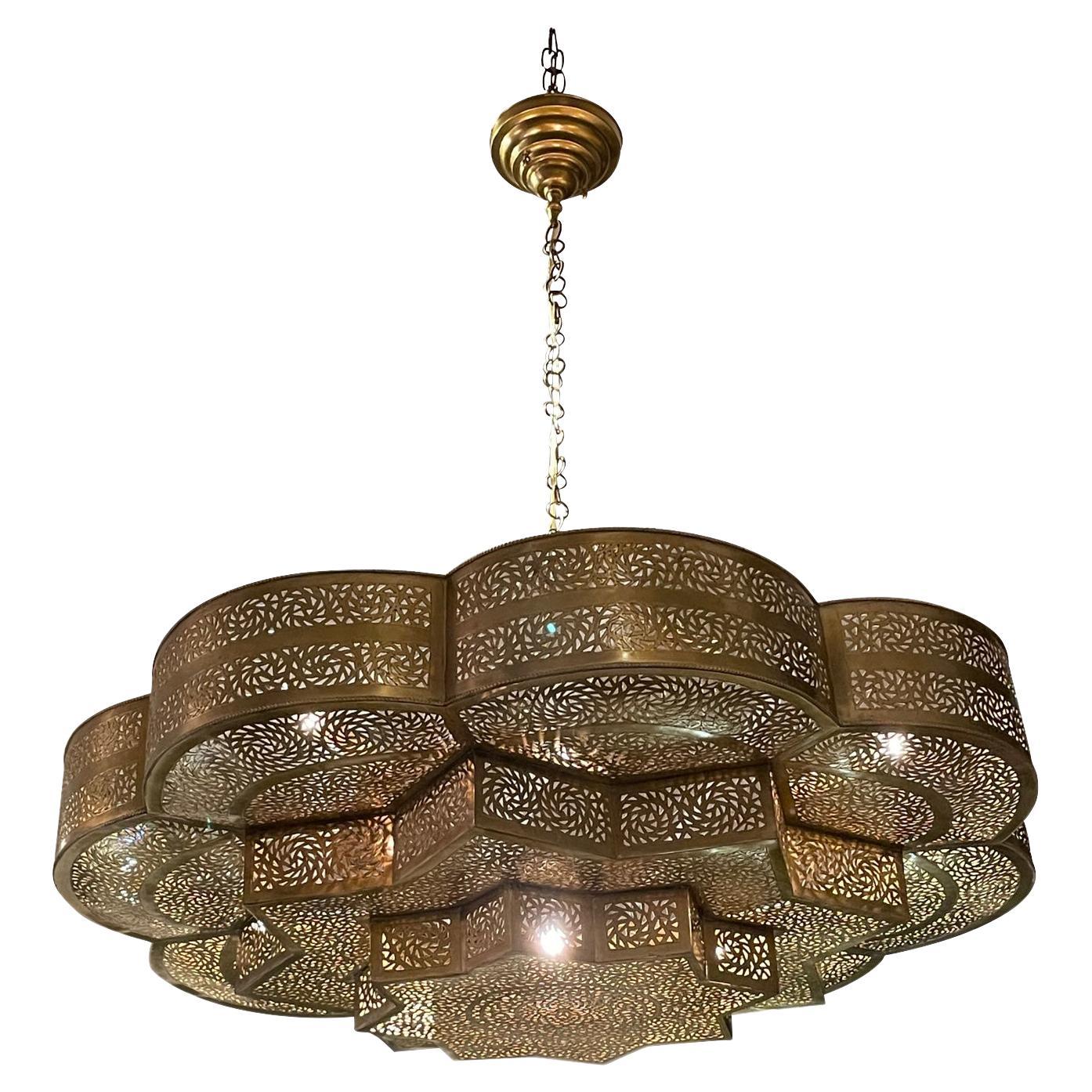 Bronze Multi Tiered Perforated Chandelier, Morocco, Contemporary