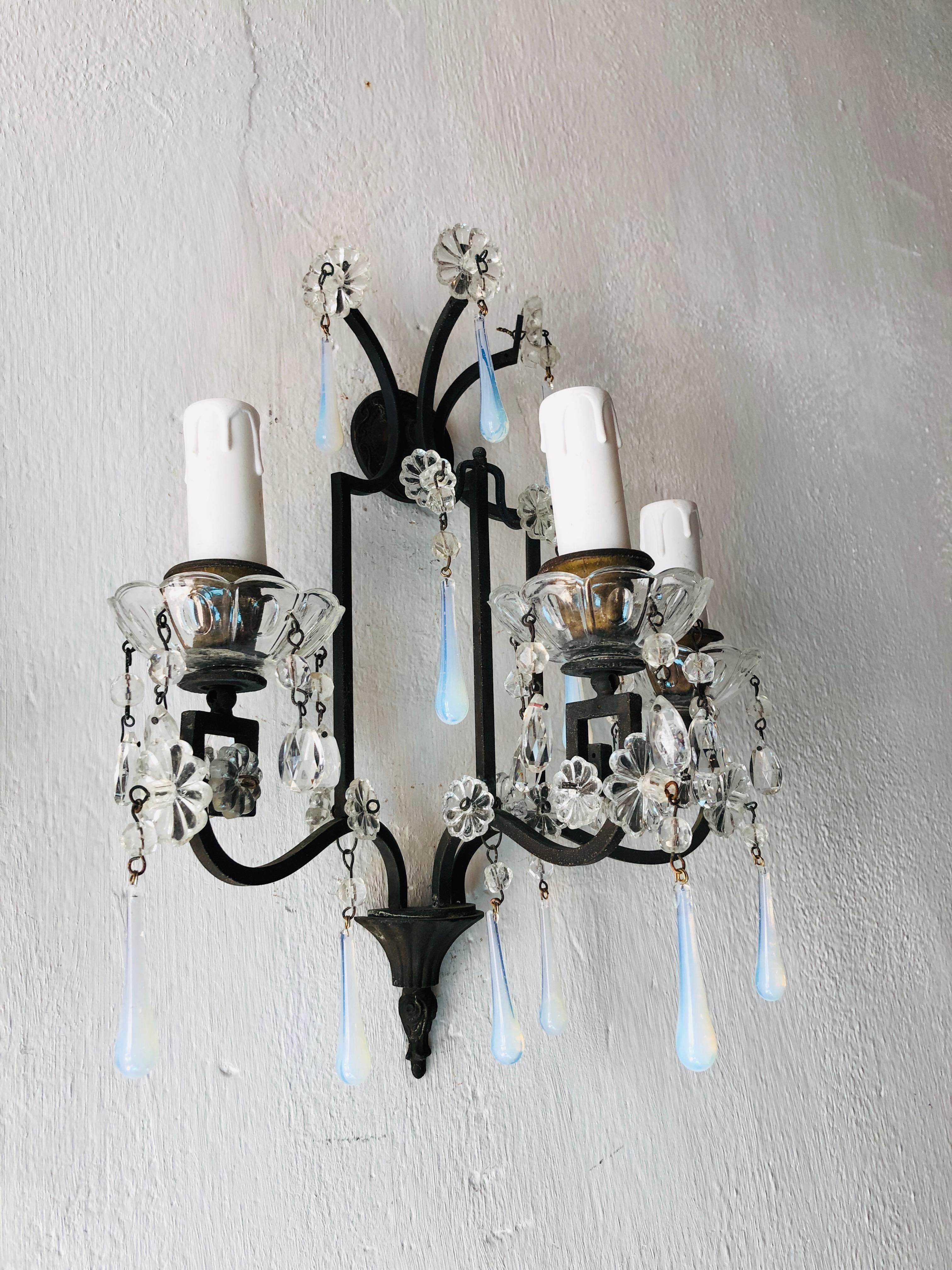 Bronze Murano Iridescent Drops Crystal French Sconces, circa 1900 In Good Condition For Sale In Firenze, Toscana