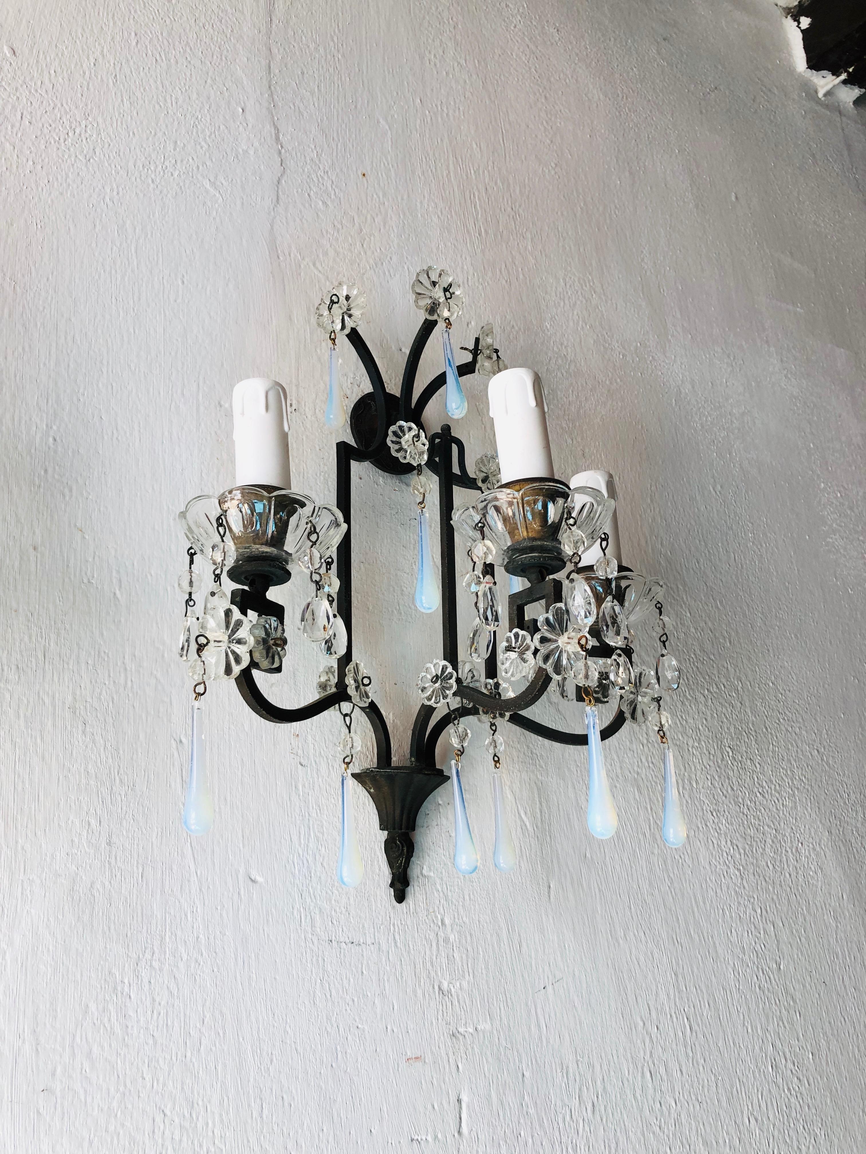 Early 20th Century Bronze Murano Iridescent Drops Crystal French Sconces, circa 1900 For Sale