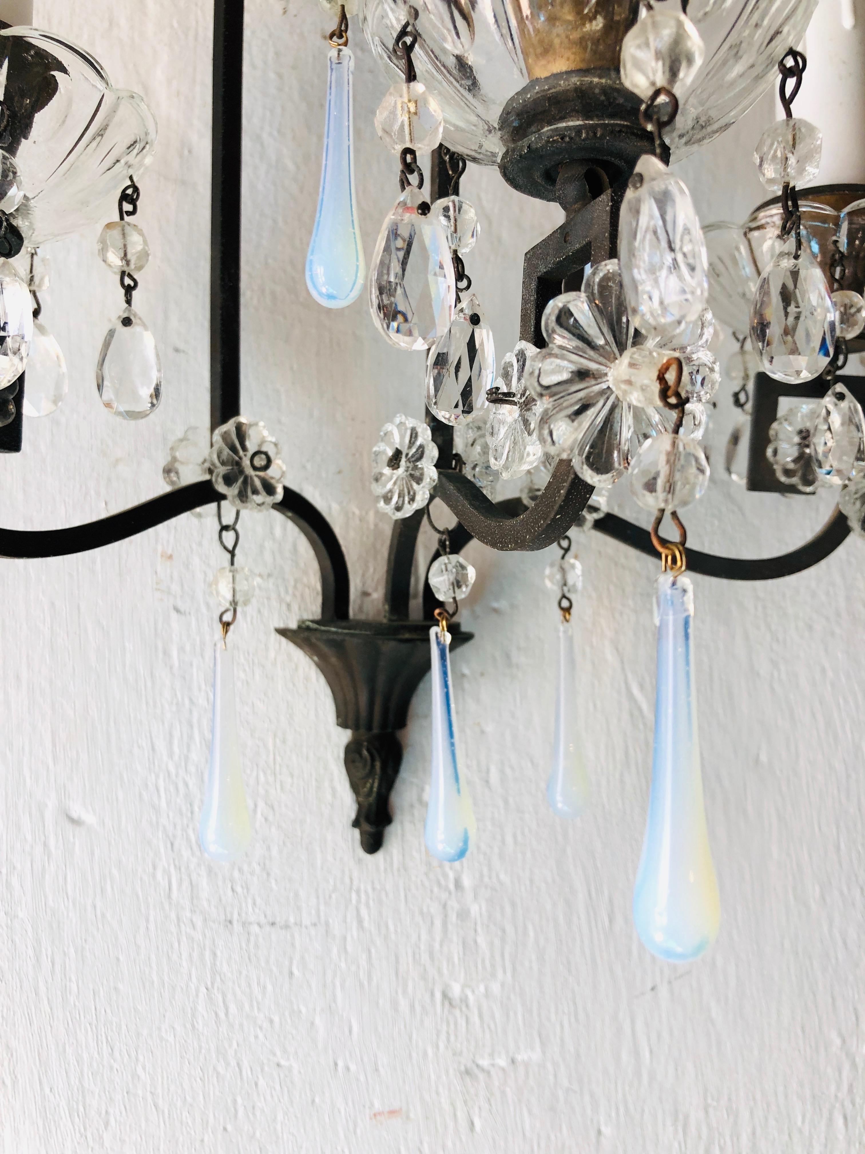 Bronze Murano Iridescent Drops Crystal French Sconces, circa 1900 For Sale 1