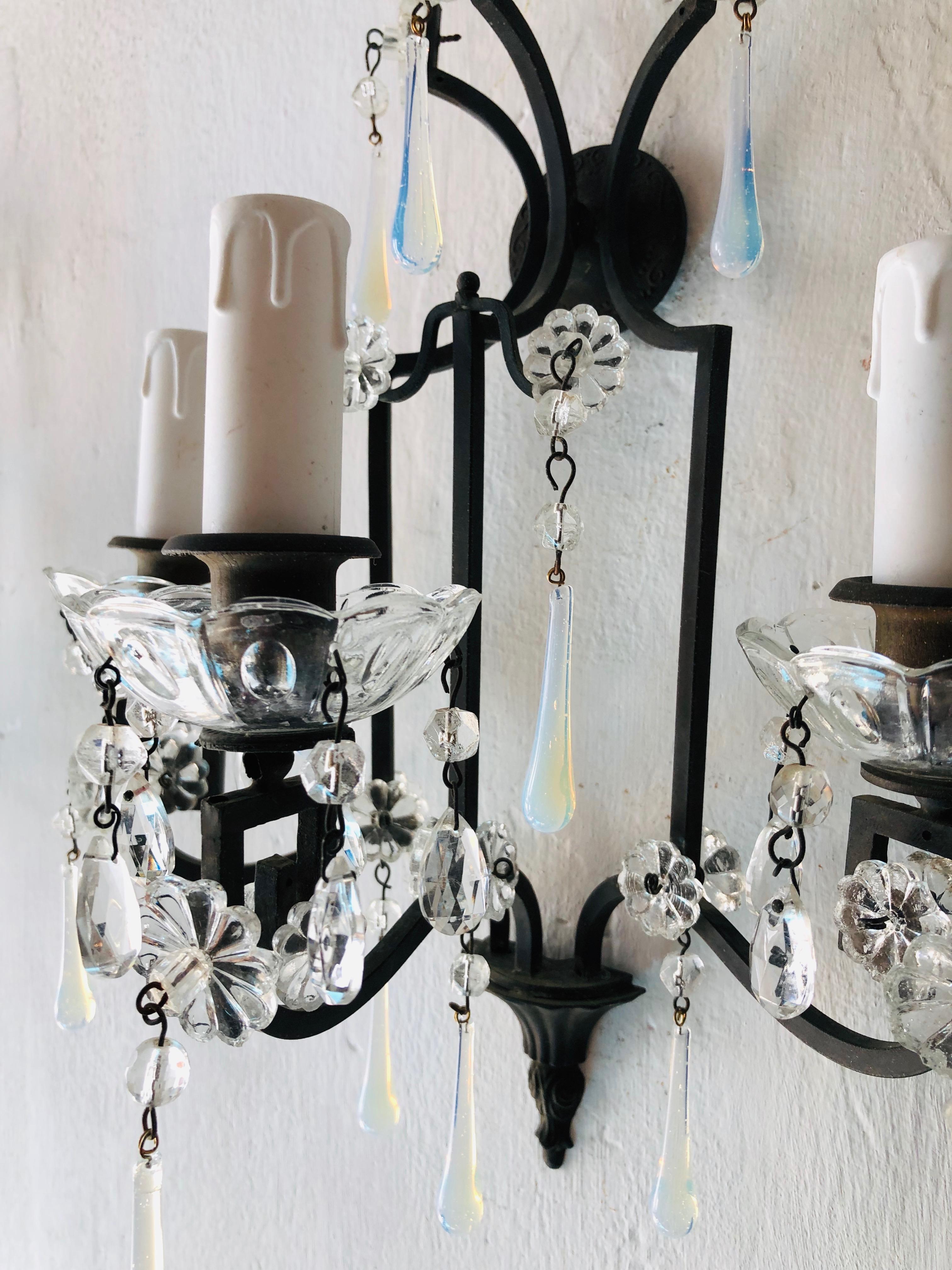 Bronze Murano Iridescent Drops Crystal French Sconces, circa 1900 For Sale 2