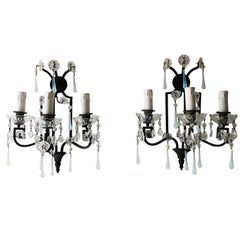 Bronze Murano Iridescent Drops Crystal French Sconces, circa 1900