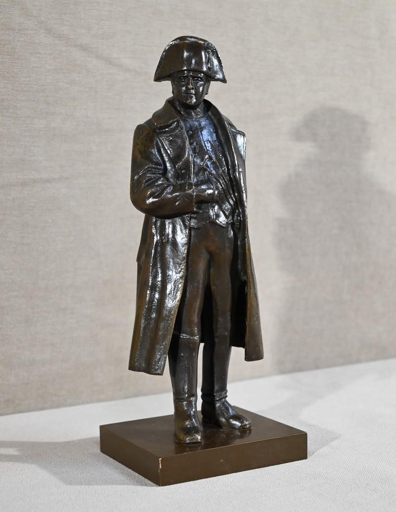 Bronzo con patina marrone, raffigurante Napoleone Bonaparte (1769-1821), con il suo famoso cappello a bicorne, in piedi, la mano destra nel panciotto e l'altra dietro la schiena, con in mano un documento.
Napoleone Bonaparte fu il primo imperatore