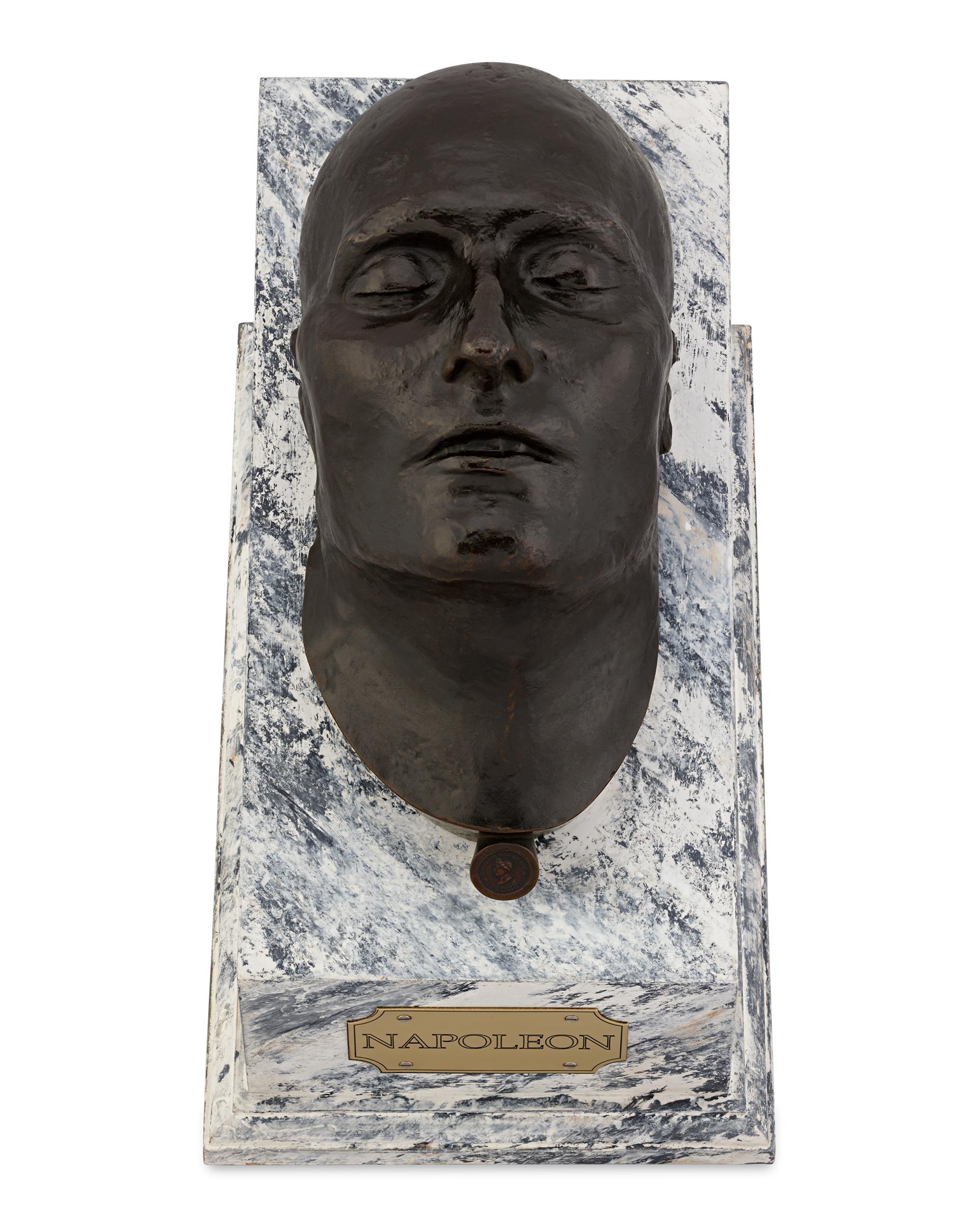 This mesmerizing antique bronze death mask of the Emperor Napoleon I is cast from the mold created by Dr. Francesco Antommarchi, Napoleon’s personal physician and companion during the last two years of his life. Cast by the French firm of L. Richard