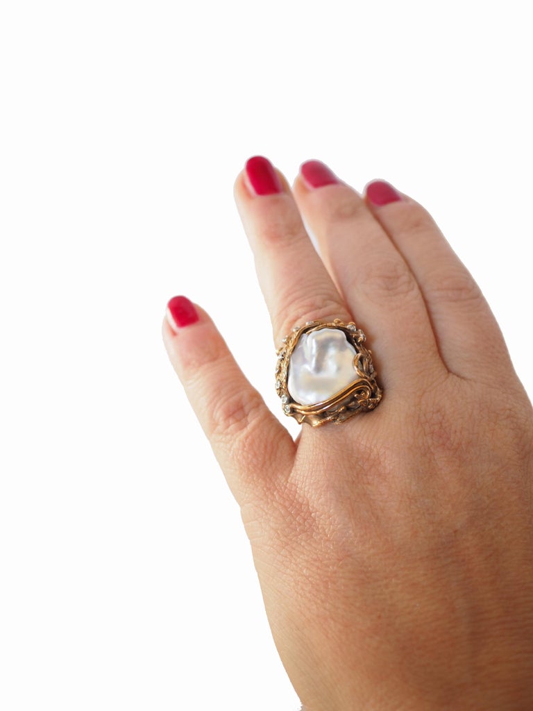 Bronze Natural Pearls Diamonds Bronze Ring For Sale at 1stDibs