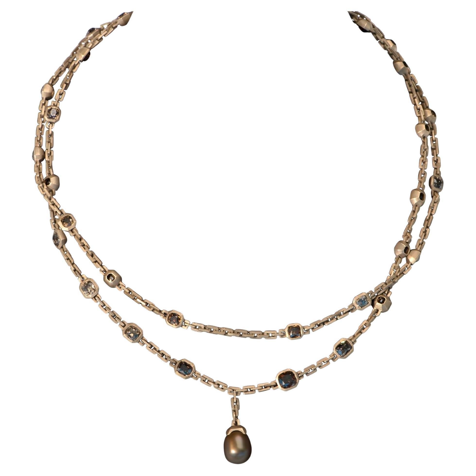 Collana in bronzo con oltre 21 carati di diamanti marroni taglio antico e perle naturali in vendita
