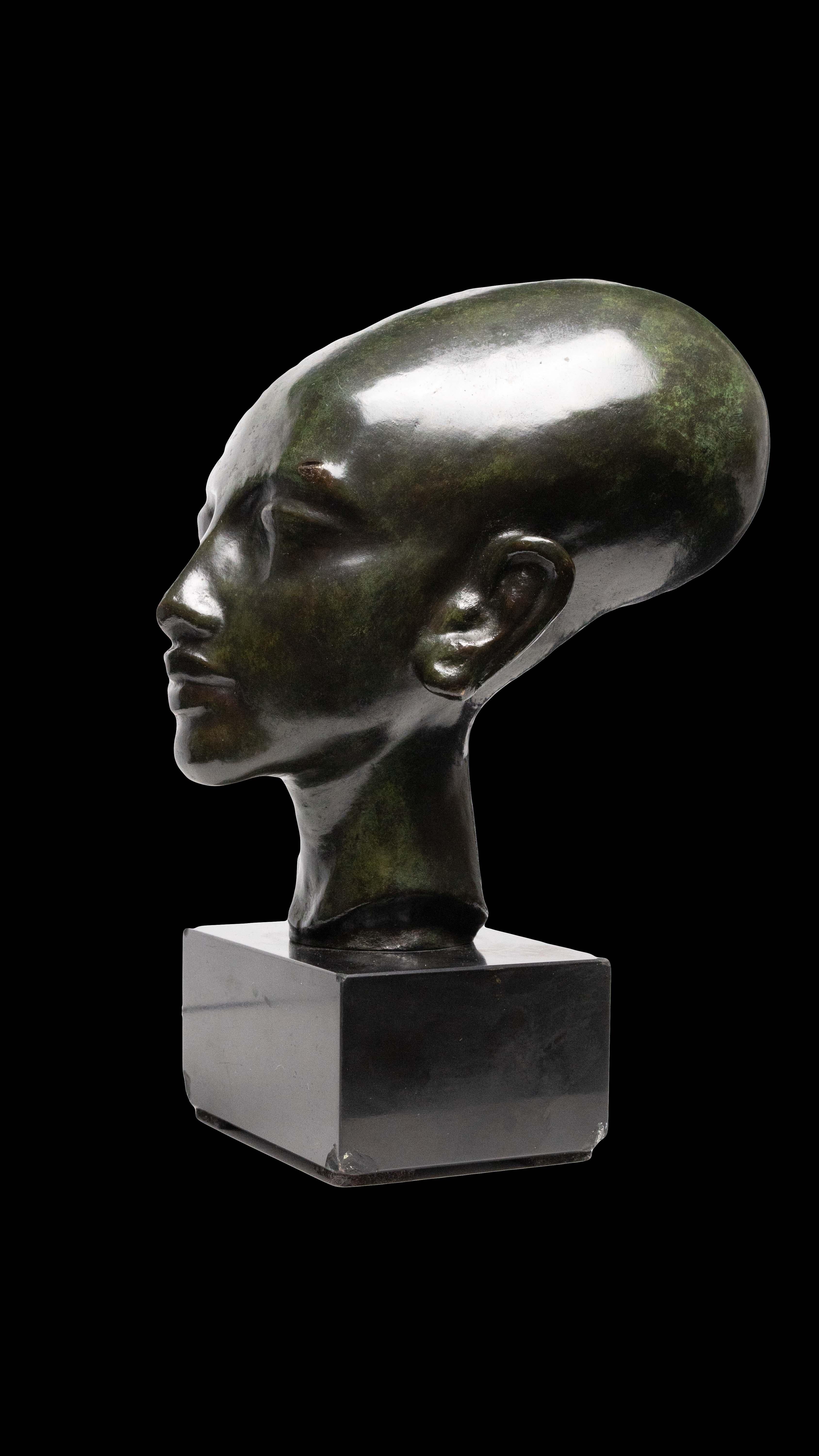 Egyptian Revival Bronze Nefertiti on a Rectangular Black Marble Base