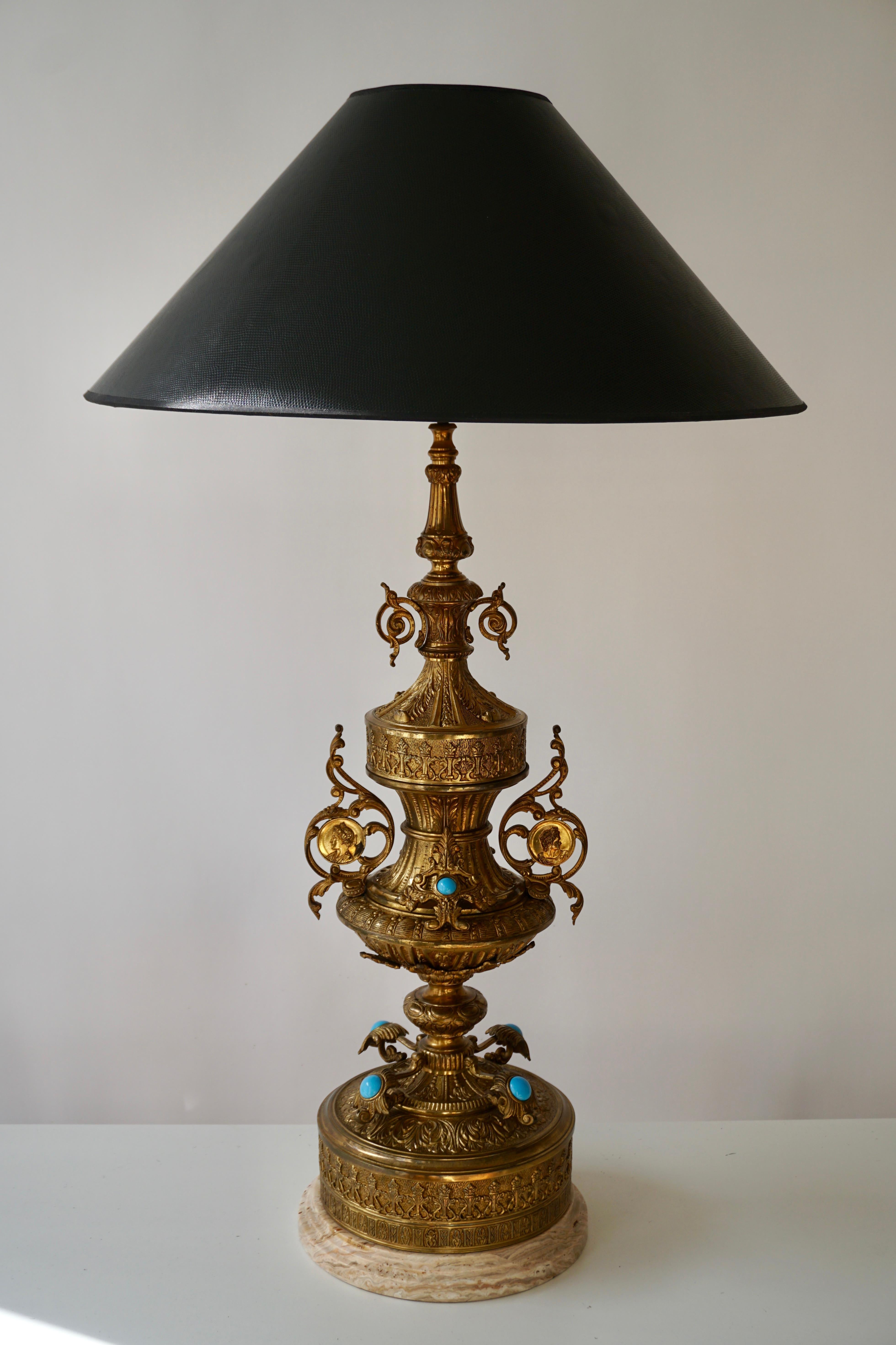 Neoklassizistische Bronze-Lampe mit Lapislazuli-Akzenten (Hollywood Regency) im Angebot