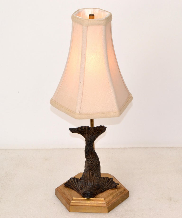 Bronze Neoclassical Sea Serpent Koi Fish Table Lamp Fabric Shade Octagonal Base For Sale at 1stDibs