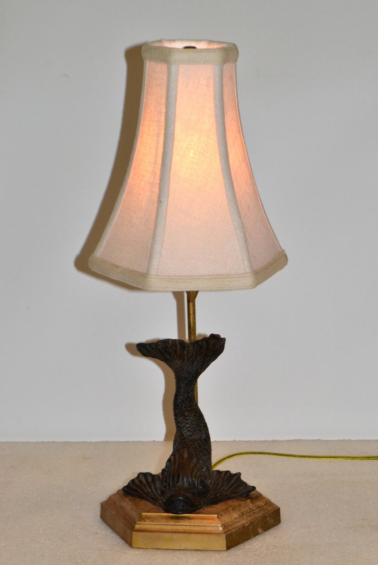 Bronze Neoclassical Sea Serpent Koi Fish Table Lamp Fabric Shade Octagonal Base For Sale at 1stDibs