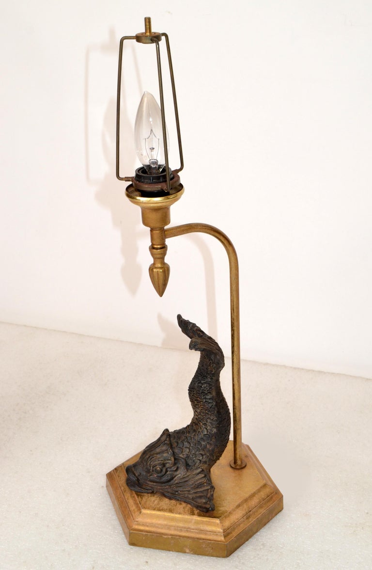 Bronze Neoclassical Sea Serpent Koi Fish Table Lamp Fabric Shade Octagonal Base For Sale at 1stDibs