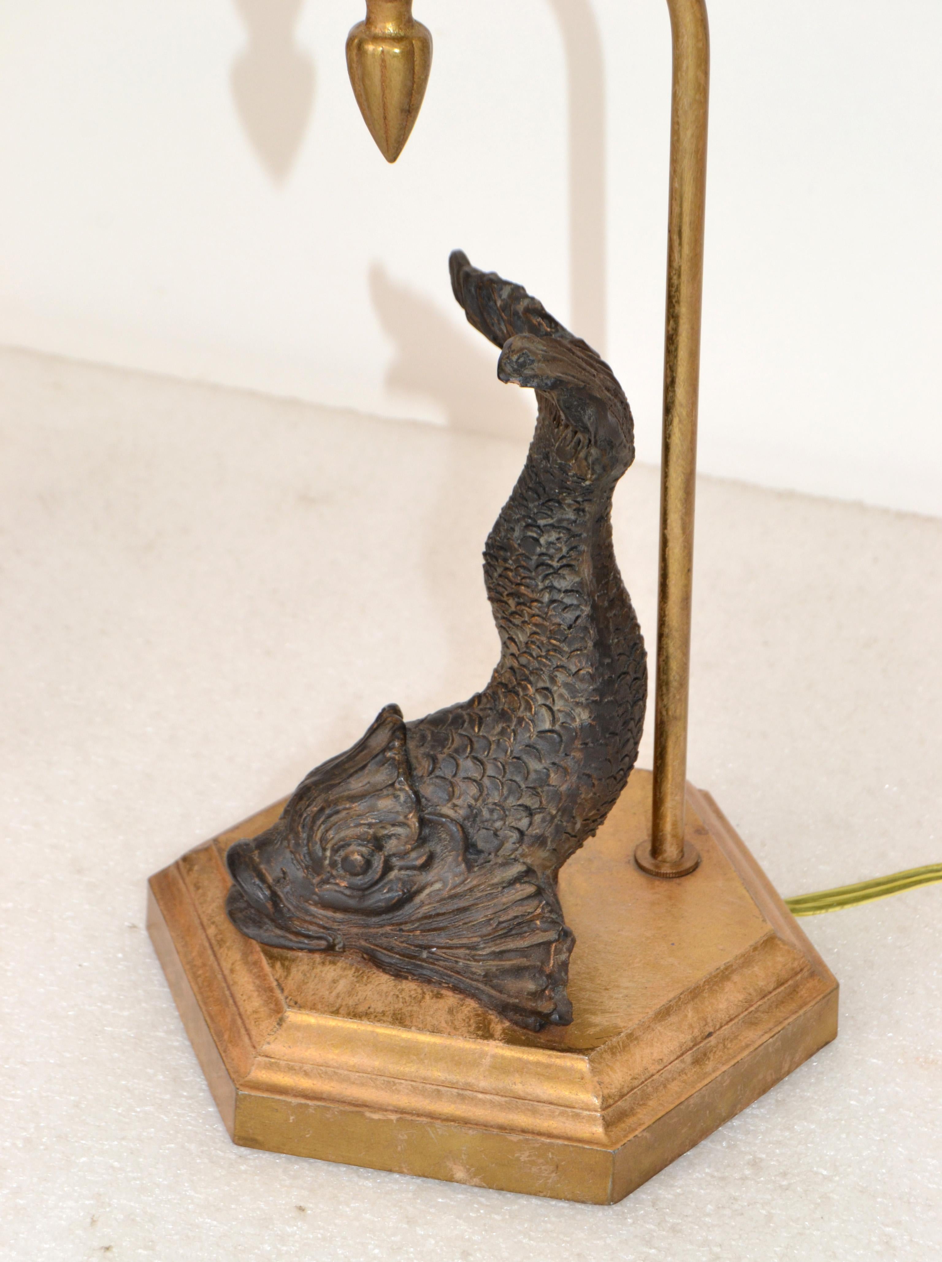 American Bronze Neoclassical Sea Serpent Koi Fish Table Lamp Fabric Shade Octagonal Base For Sale