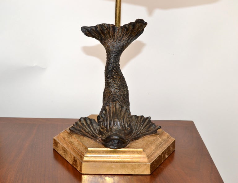 Bronze Neoclassical Sea Serpent Koi Fish Table Lamp Fabric Shade Octagonal Base For Sale at 1stDibs