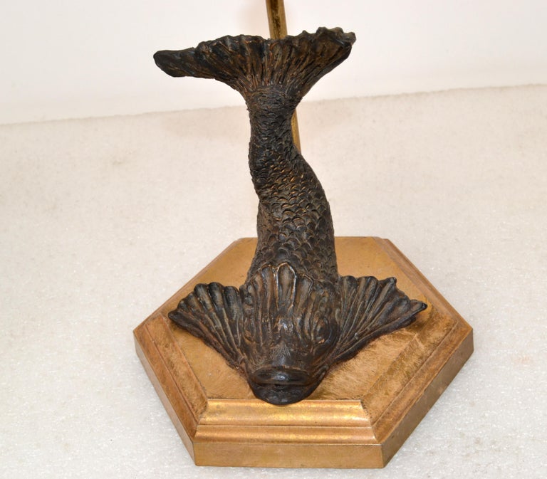 Bronze Neoclassical Sea Serpent Koi Fish Table Lamp Fabric Shade Octagonal Base For Sale at 1stDibs