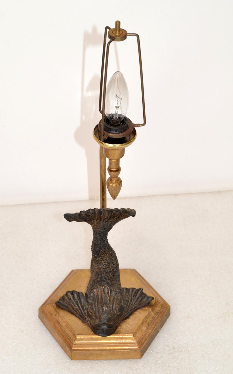 Bronze Neoclassical Sea Serpent Koi Fish Table Lamp Fabric Shade Octagonal Base For Sale at 1stDibs
