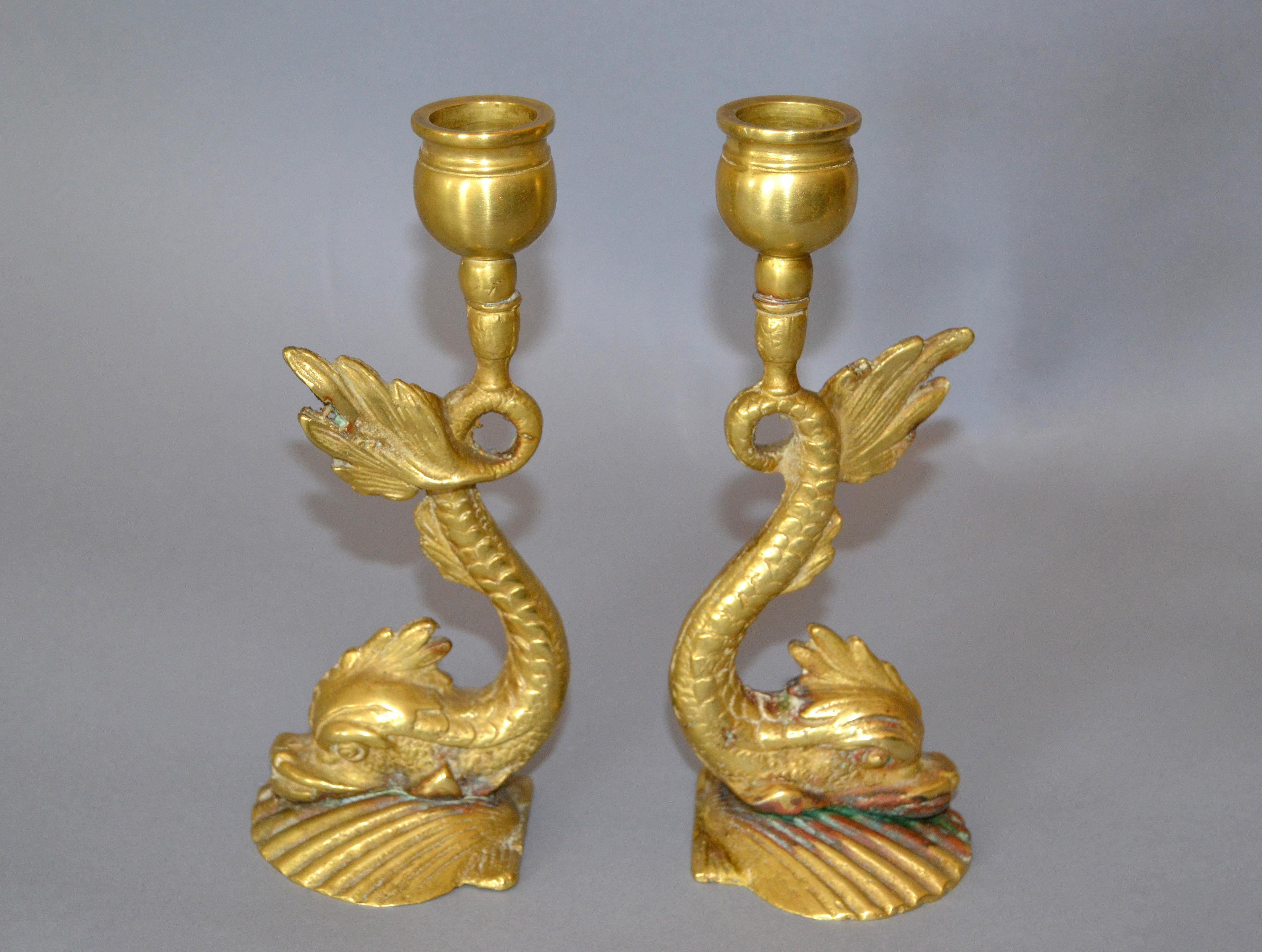 Pair, Bronze Neoclassical Sea Serpent or Koi Fish Candleholders Candlesticks  For Sale 2