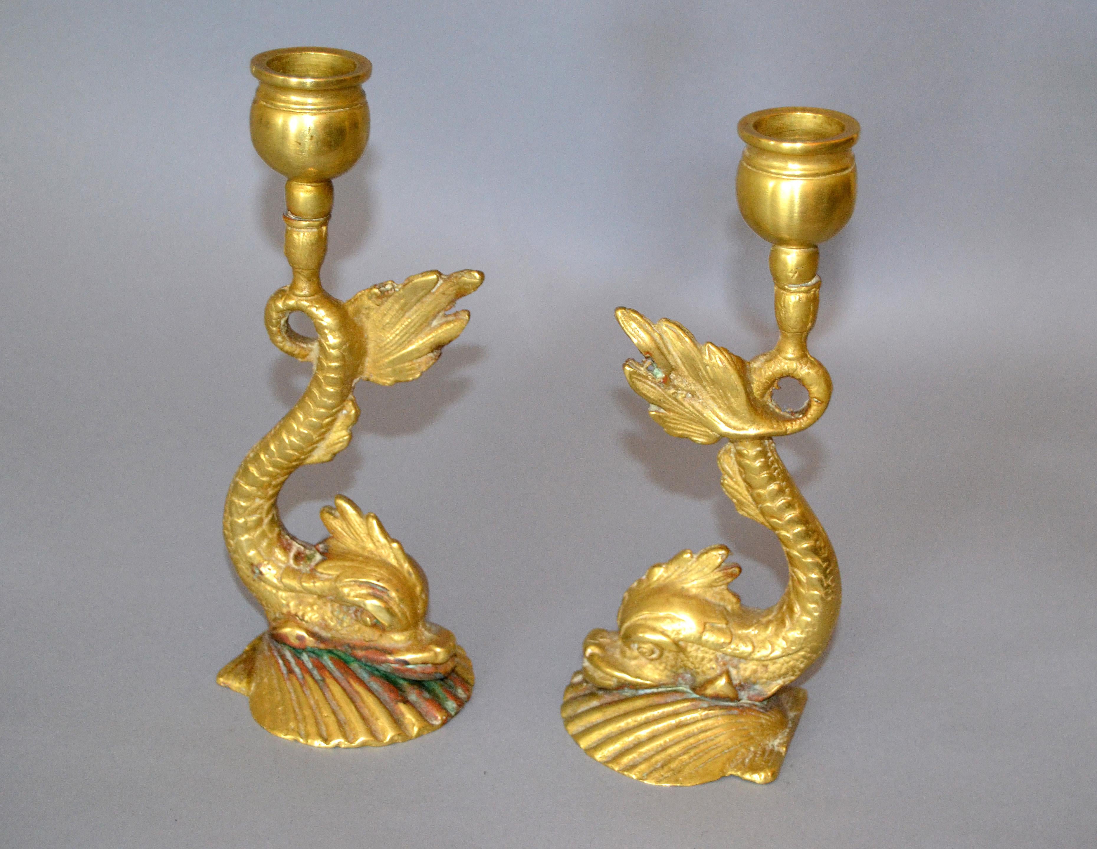 Pair, Bronze Neoclassical Sea Serpent or Koi Fish Candleholders Candlesticks  For Sale 3