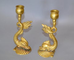 Pair, Bronze Neoclassical Sea Serpent or Koi Fish Candleholders Candlesticks