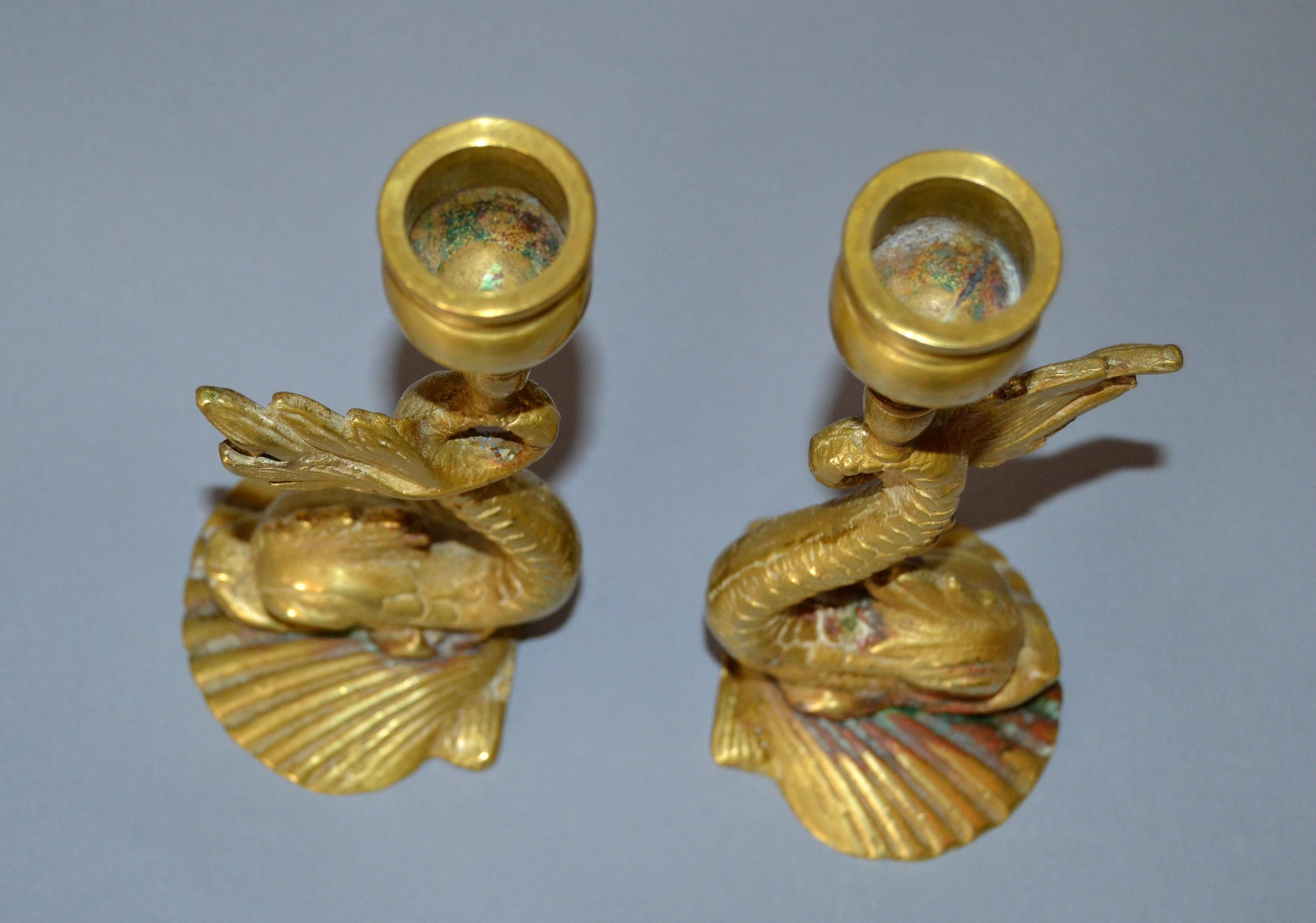 Cast Pair, Bronze Neoclassical Sea Serpent or Koi Fish Candleholders Candlesticks  For Sale