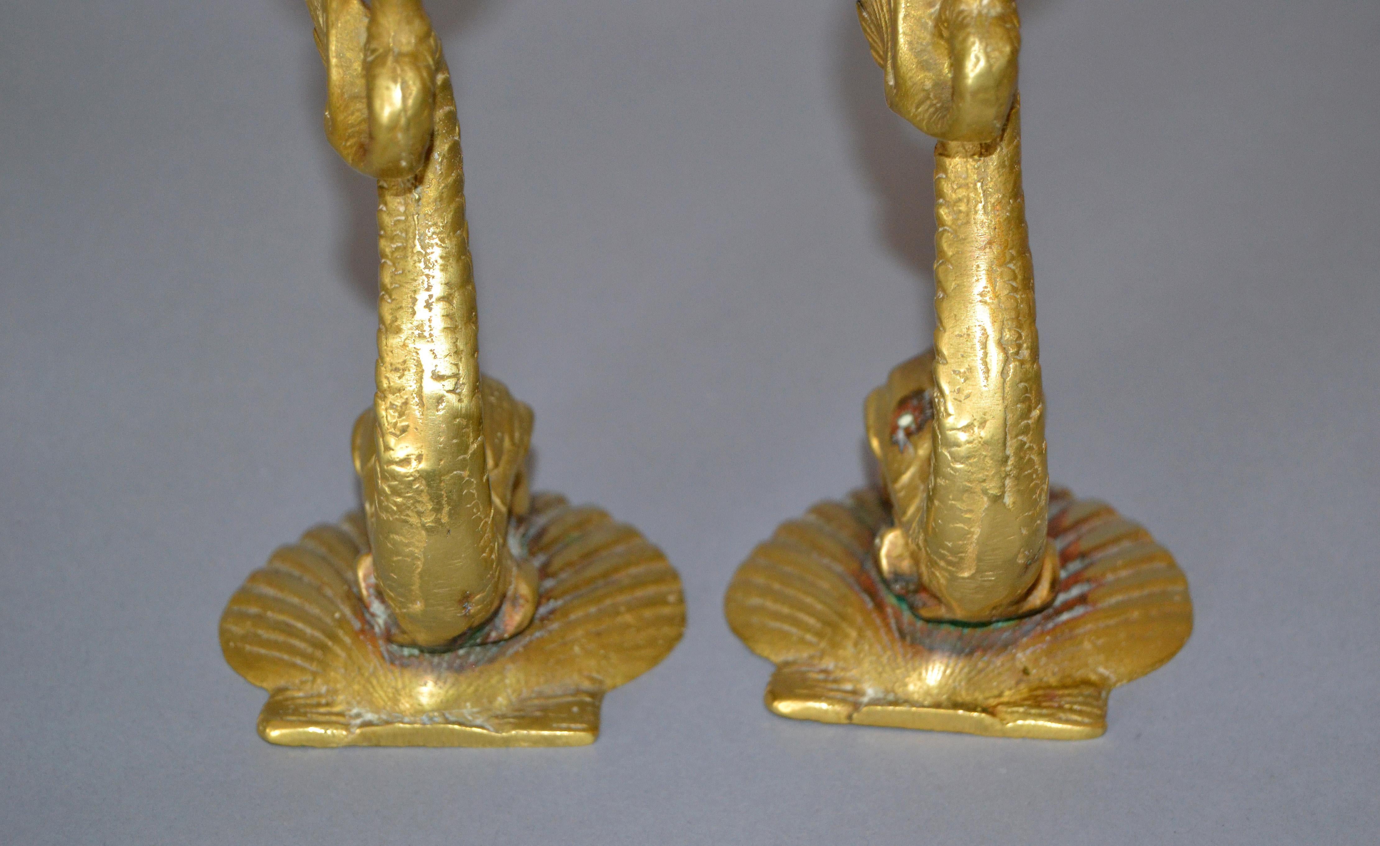 20th Century Pair, Bronze Neoclassical Sea Serpent or Koi Fish Candleholders Candlesticks  For Sale
