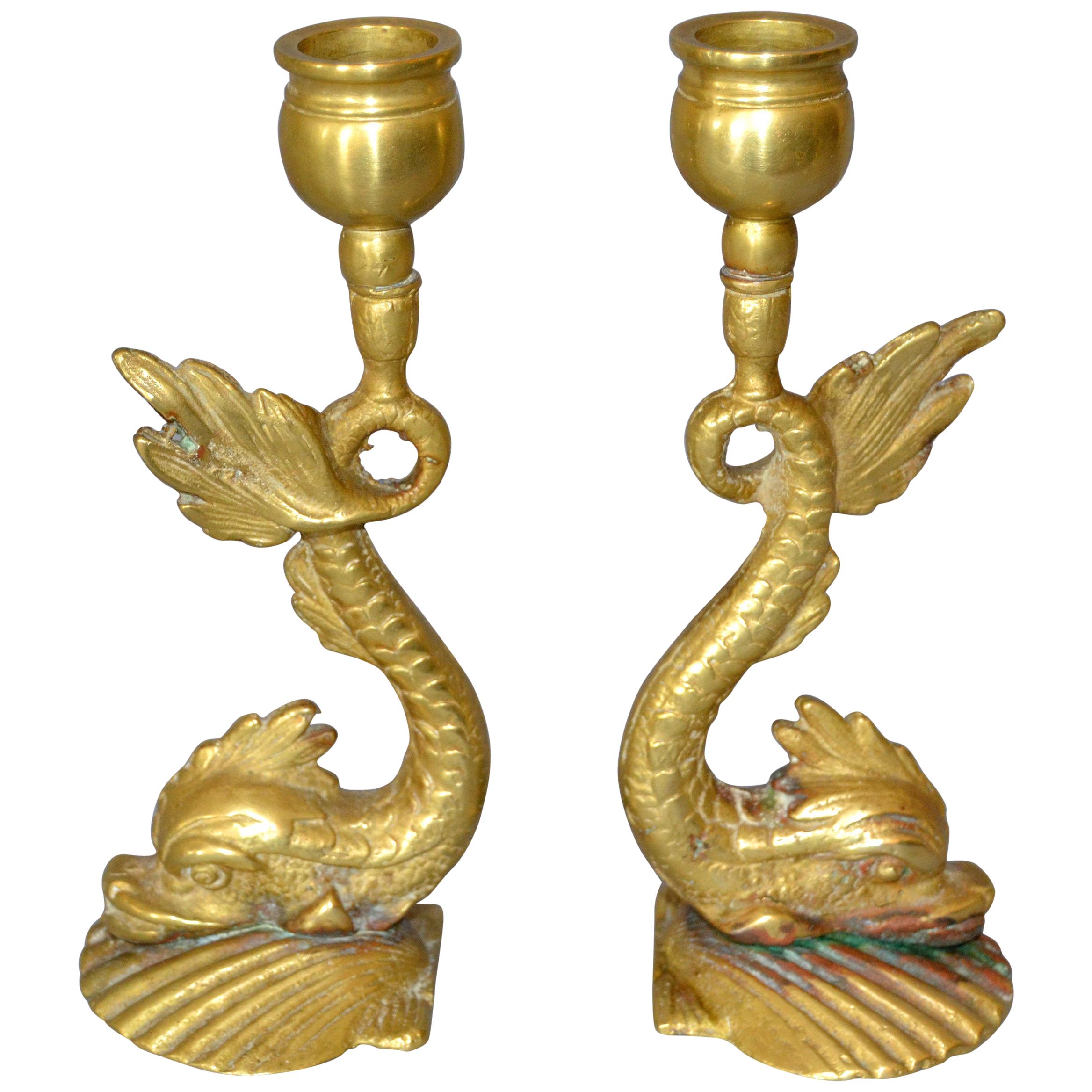 Pair, Bronze Neoclassical Sea Serpent or Koi Fish Candleholders Candlesticks 